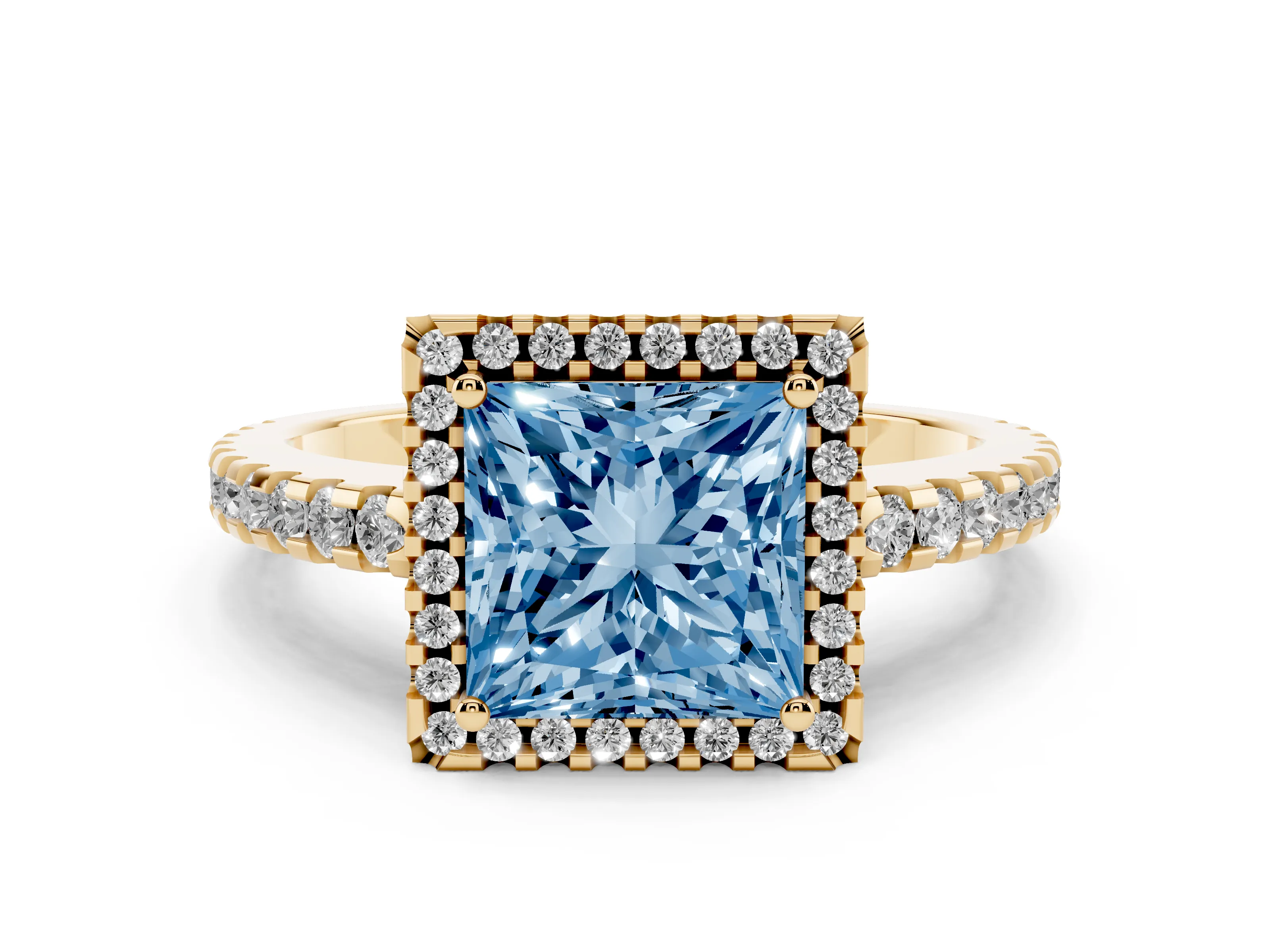 Fancy Blue Princess Cut Diamond Halo Ring Set in Yellow gold with Pavé Shoulders and Halo-Framed Center