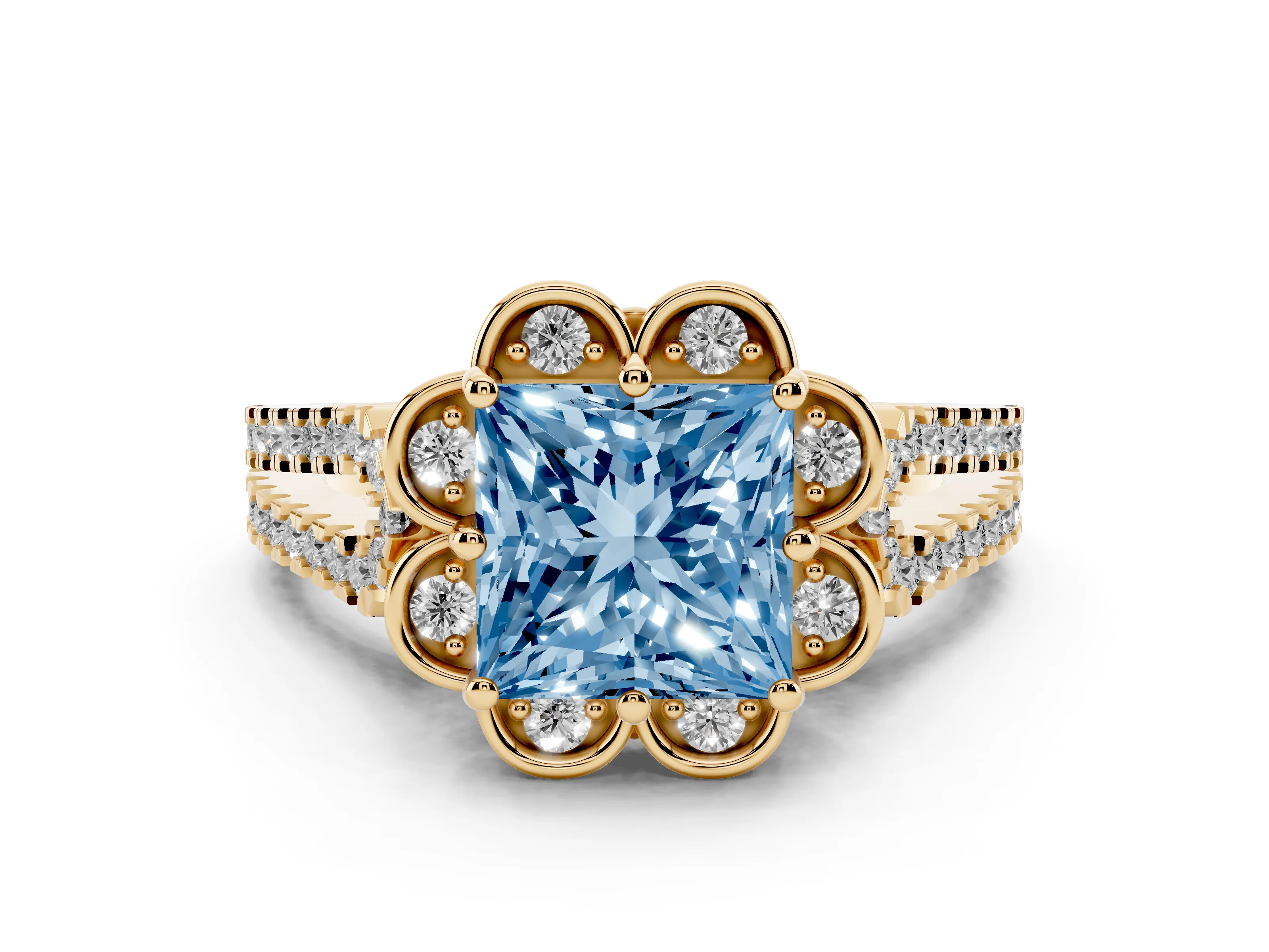 Fancy Blue Princess Cut Diamond Floral Halo Split Shank Engagement Ring Set in Yellow gold with Pavé Shank