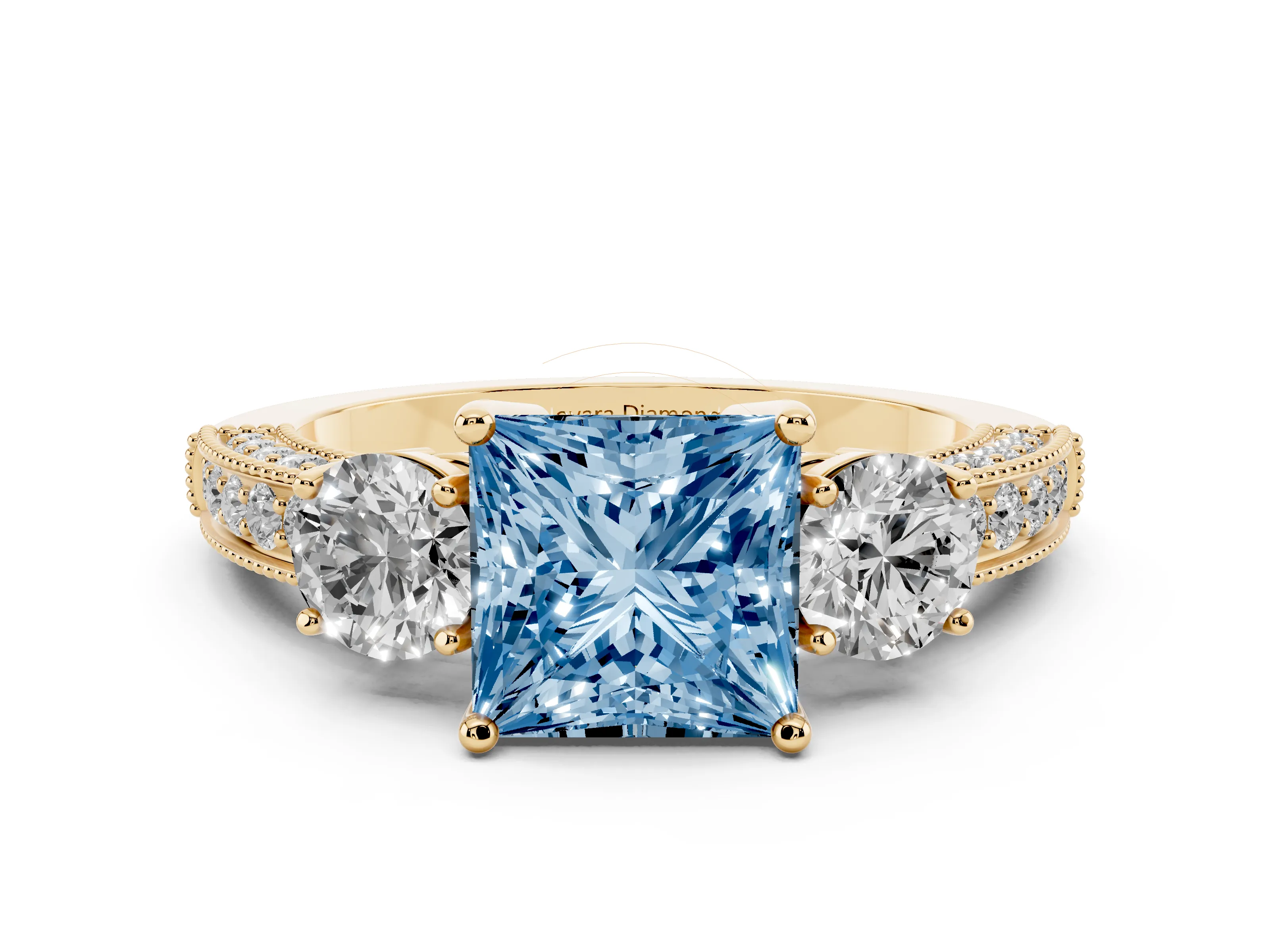Fancy Blue Princess Cut Diamond Three-Stone Ring Set in Yellow gold with Round Side Stones and Pavé Band