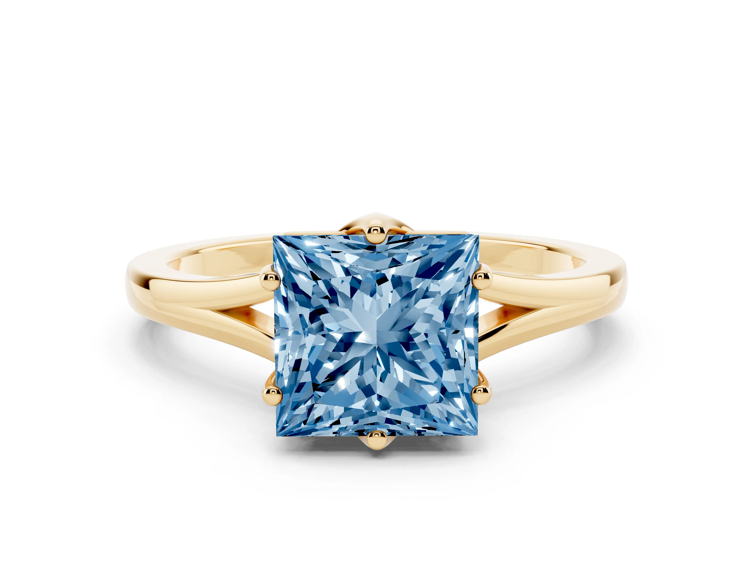 Fancy Blue Princess Cut Diamond Solitaire Ring Set in Yellow gold with Polished Tapered Band and Prong Setting