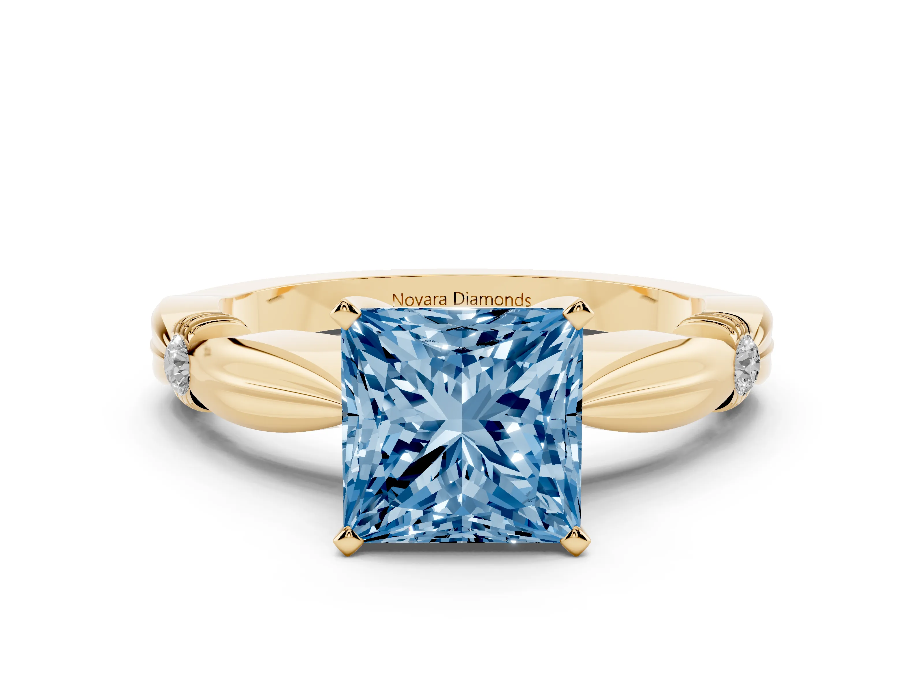 Fancy Blue Princess Cut Diamond Solitaire Twisted Band Ring Set in Yellow gold with Accent Stones and Prong Setting