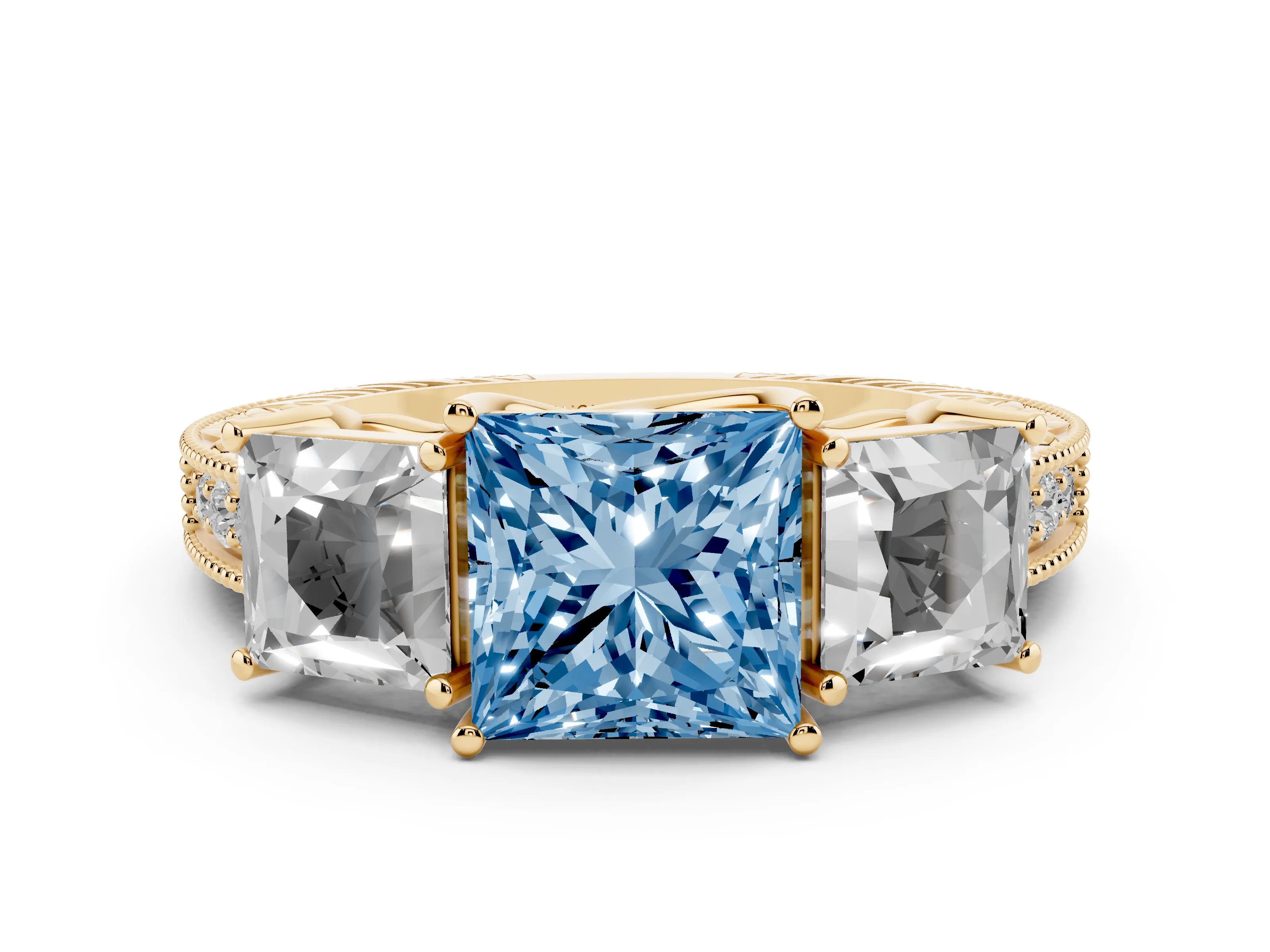 Fancy Blue Princess Cut Diamond Three-Stone Engagement Ring Set in Yellow gold with Milgrain Pavé Band