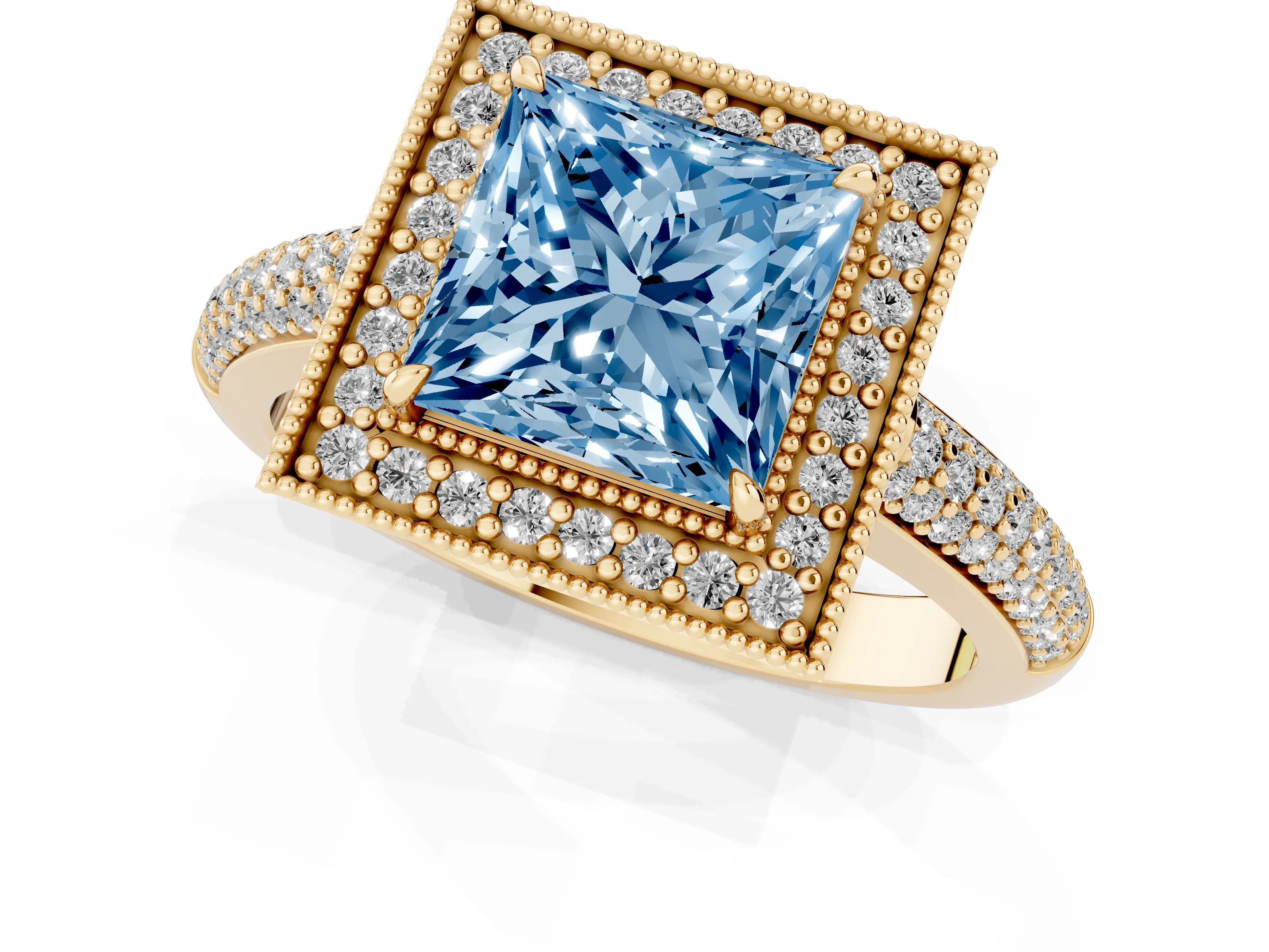 Fancy Blue Princess Cut Diamond Halo Pavé Band Set in Yellow gold with Prong Setting