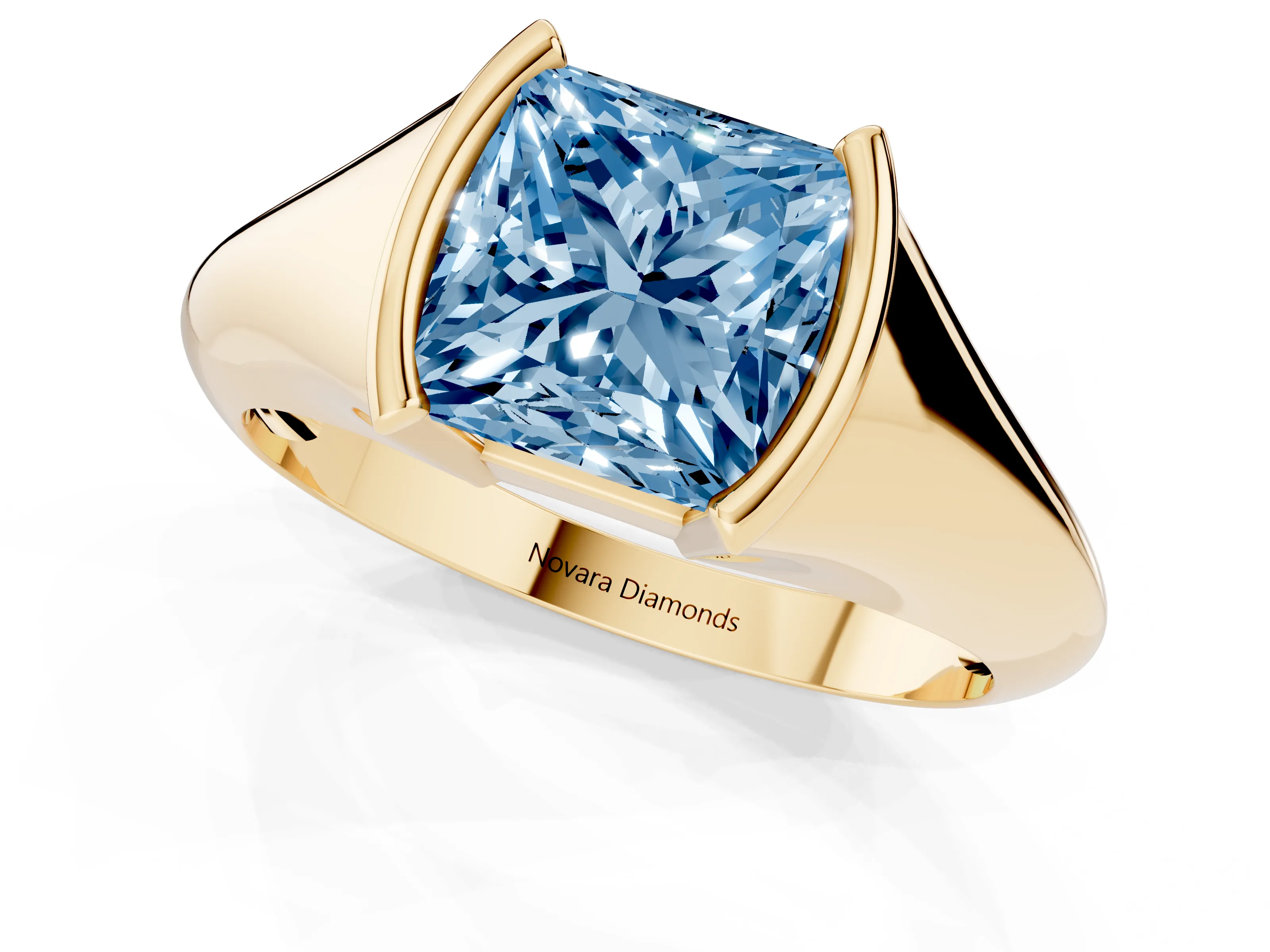 Fancy Blue Princess Cut Diamond Solitaire Tension Set Ring Set in Yellow gold