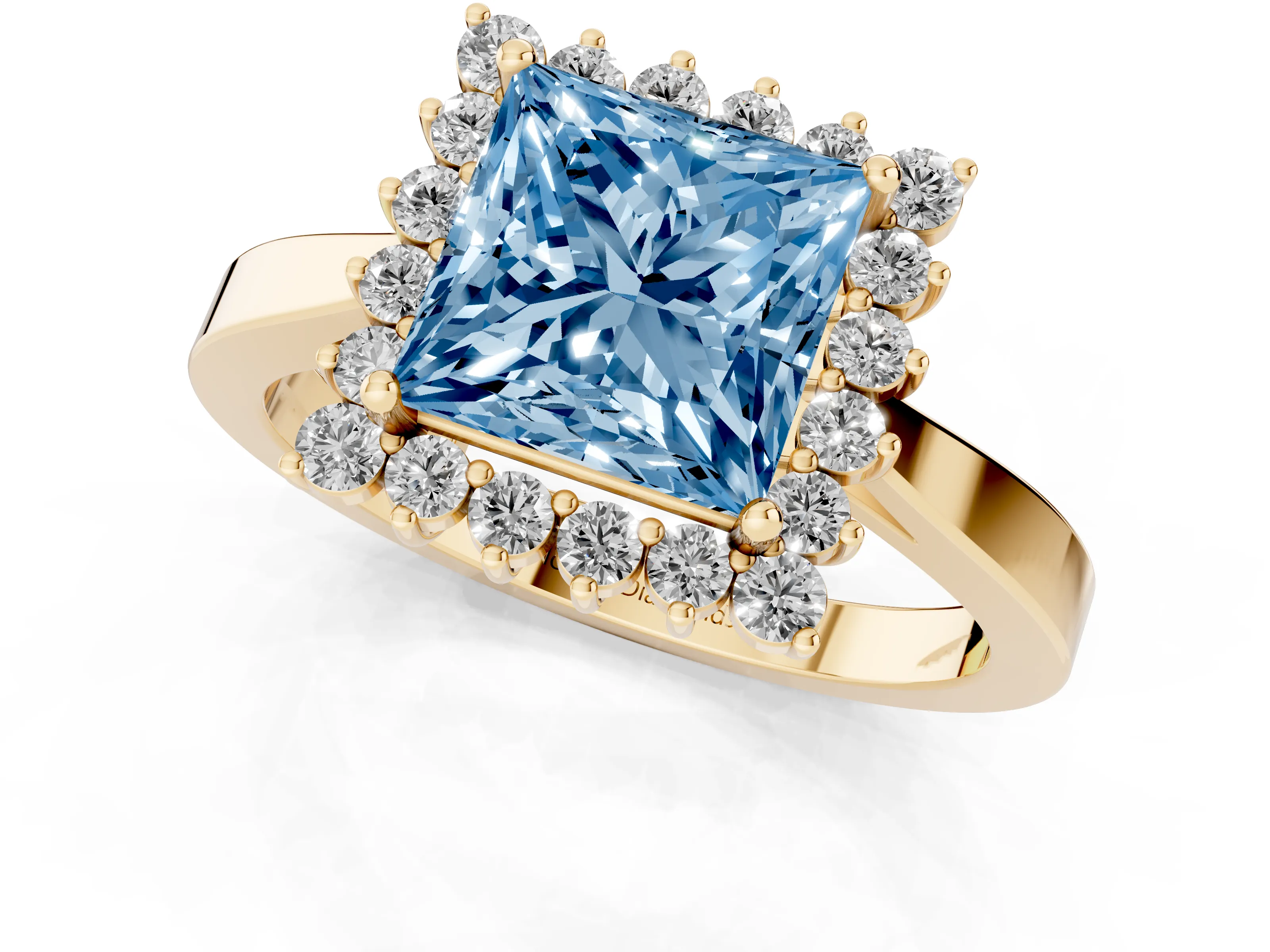 Fancy Blue Princess Cut Diamond Halo Ring Set in Yellow gold with Round Halo and Smooth Solitaire Band