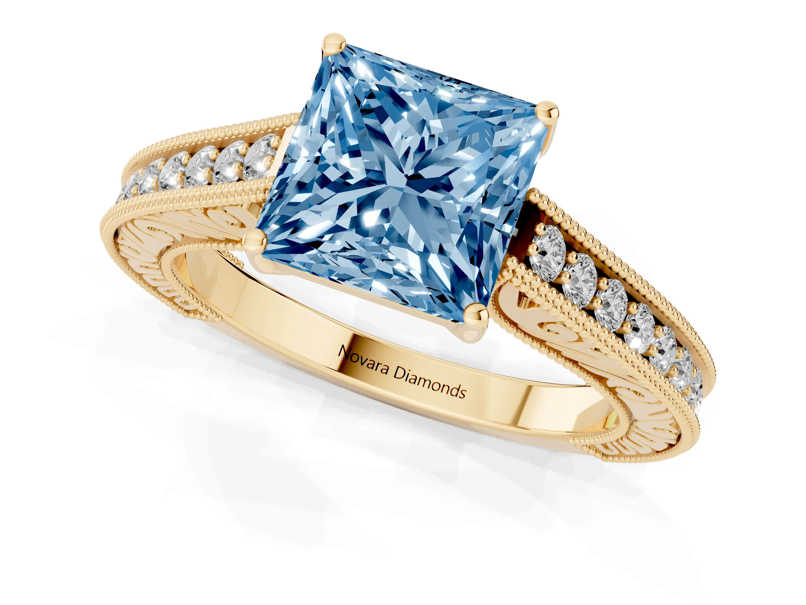Fancy Blue Princess Cut Diamond Milgrain Pavé Band Solitaire Ring Set in Yellow gold with Prong Setting
