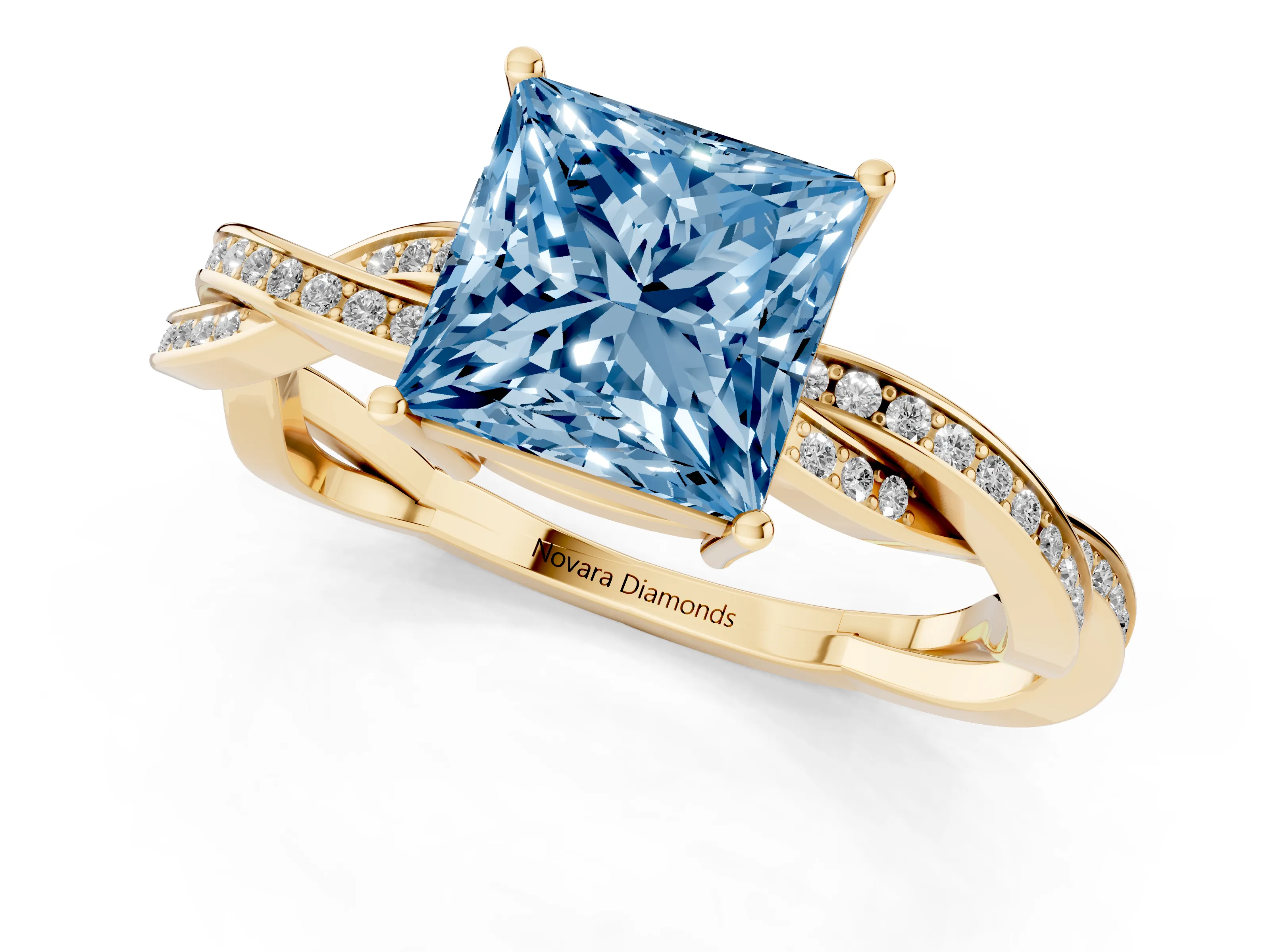 Fancy Blue Princess Cut Diamond Solitaire Twisted Pavé Ring Set in Yellow gold with Prong Setting