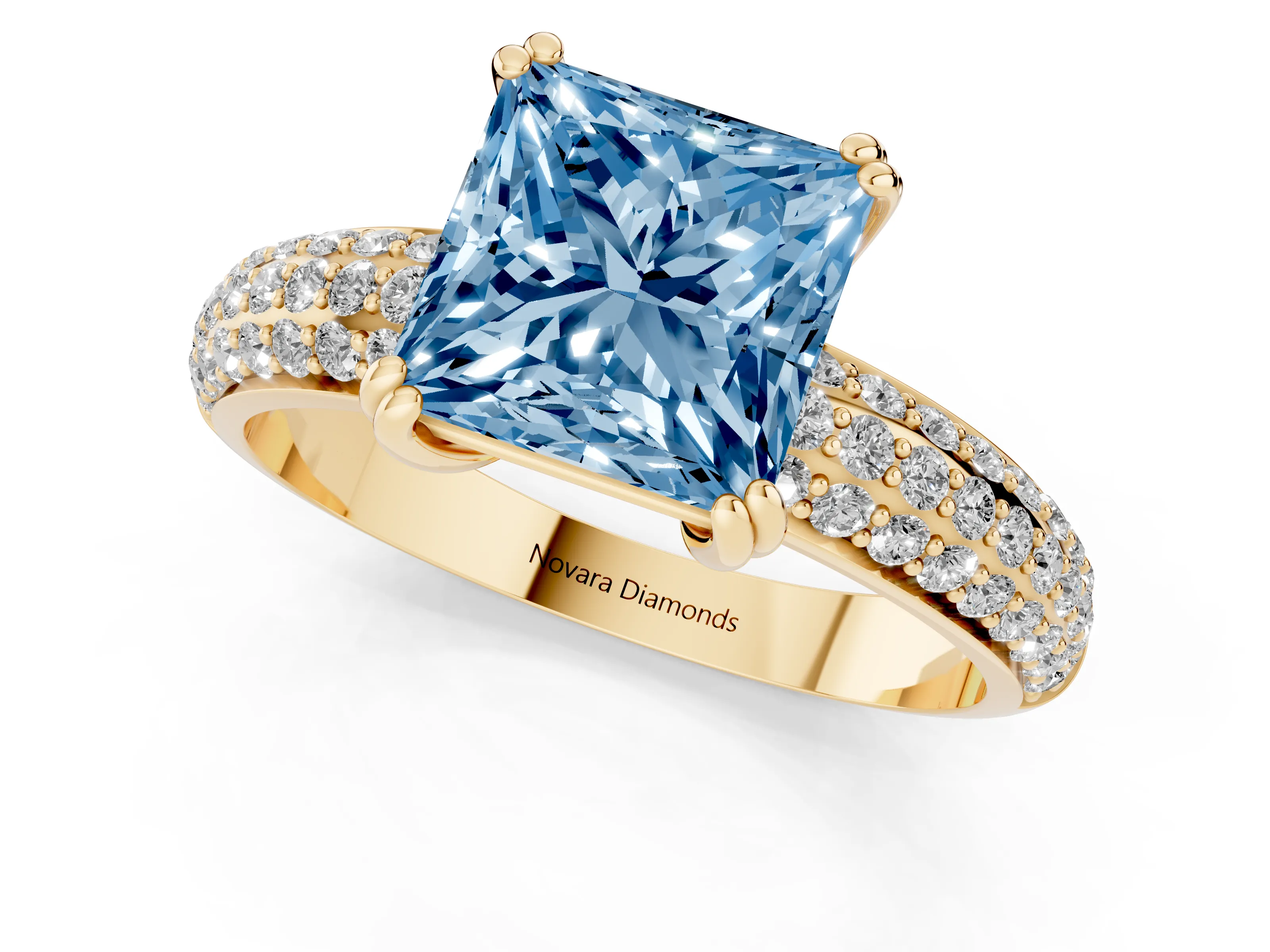 Fancy Blue Princess Cut Diamond Solitaire Ring Set in Yellow gold with Multi-Row Round Pavé Band and Prong Setting