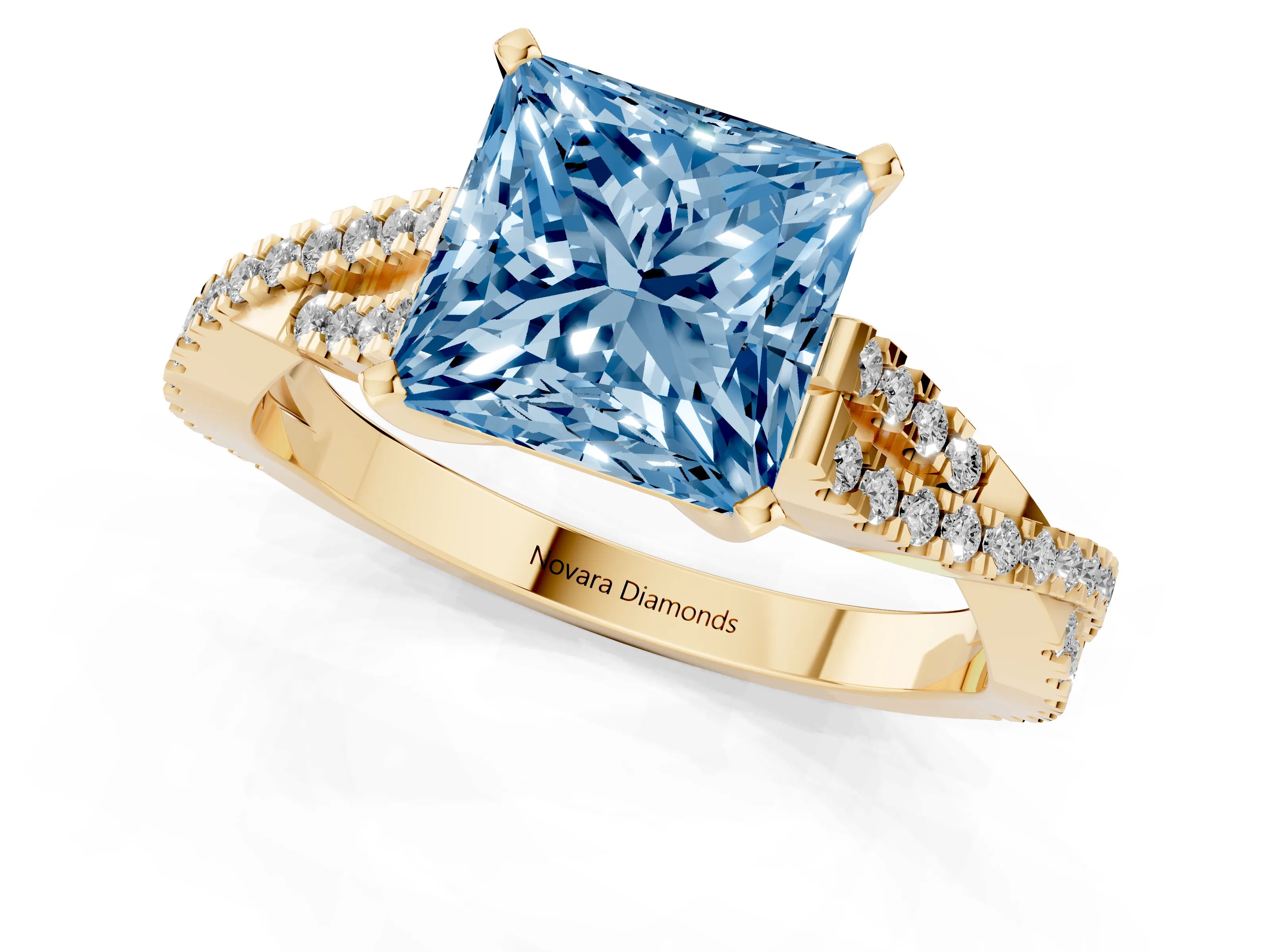 Fancy Blue Princess Cut Diamond Solitaire Engagement Ring Set in Yellow gold with Twisted Pavé Band and Prong Setting