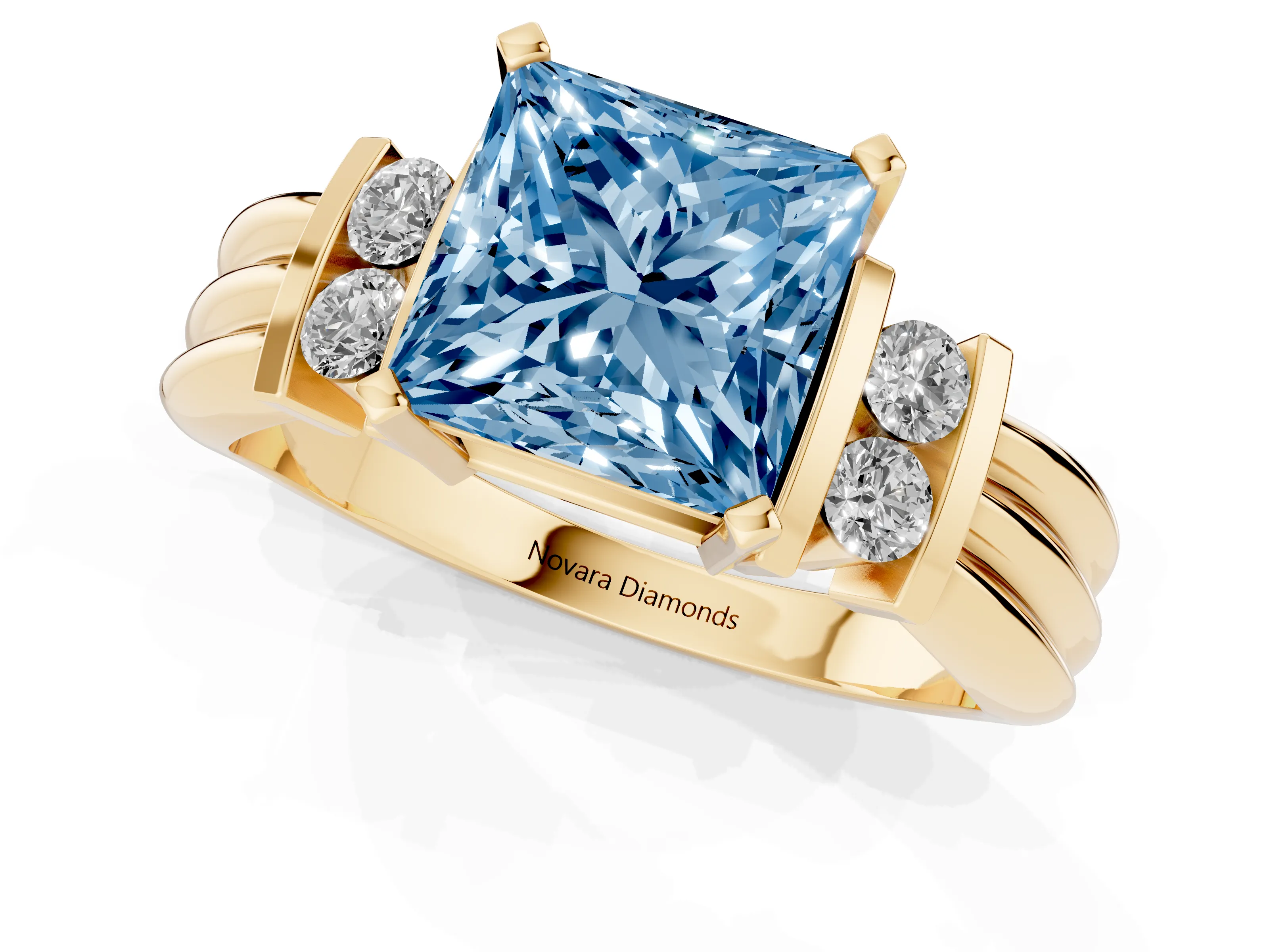 Fancy Blue Three-Stone Princess Cut Diamond Channel Set Ring Set in Yellow gold with Bar Prongs