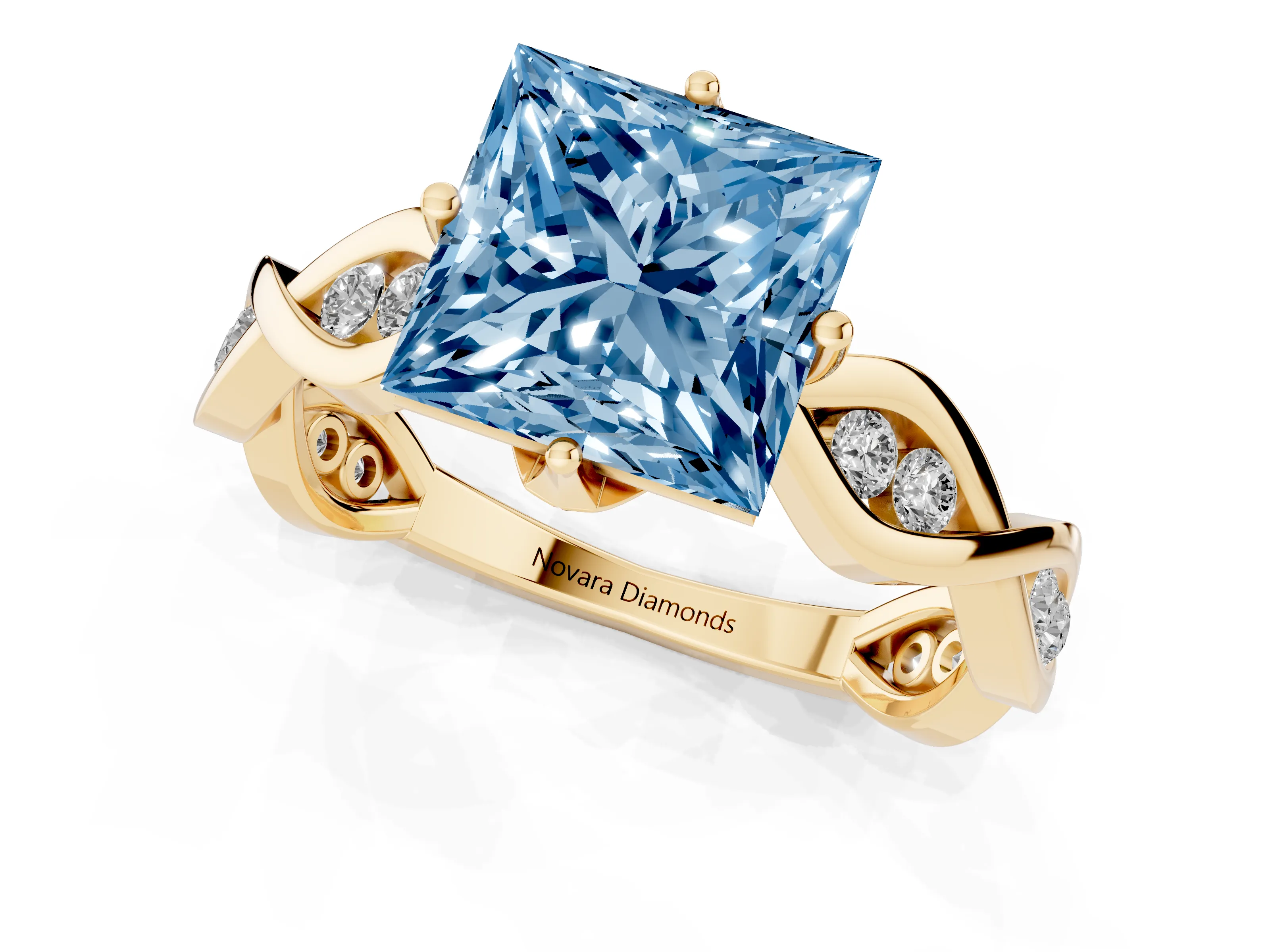 Fancy Blue Princess Cut Diamond Twist Band Solitaire Ring Set in Yellow gold with Leaf Prong Setting and Accent Stones