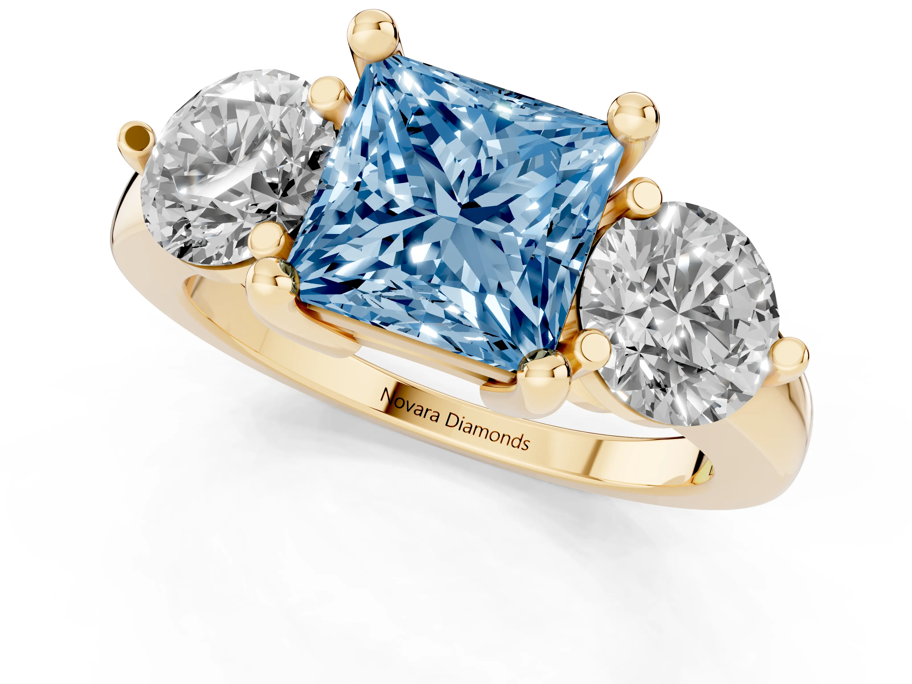 Fancy Blue Princess Cut Diamond Three-Stone Ring Set in Yellow gold with Prong Setting and Classic Band