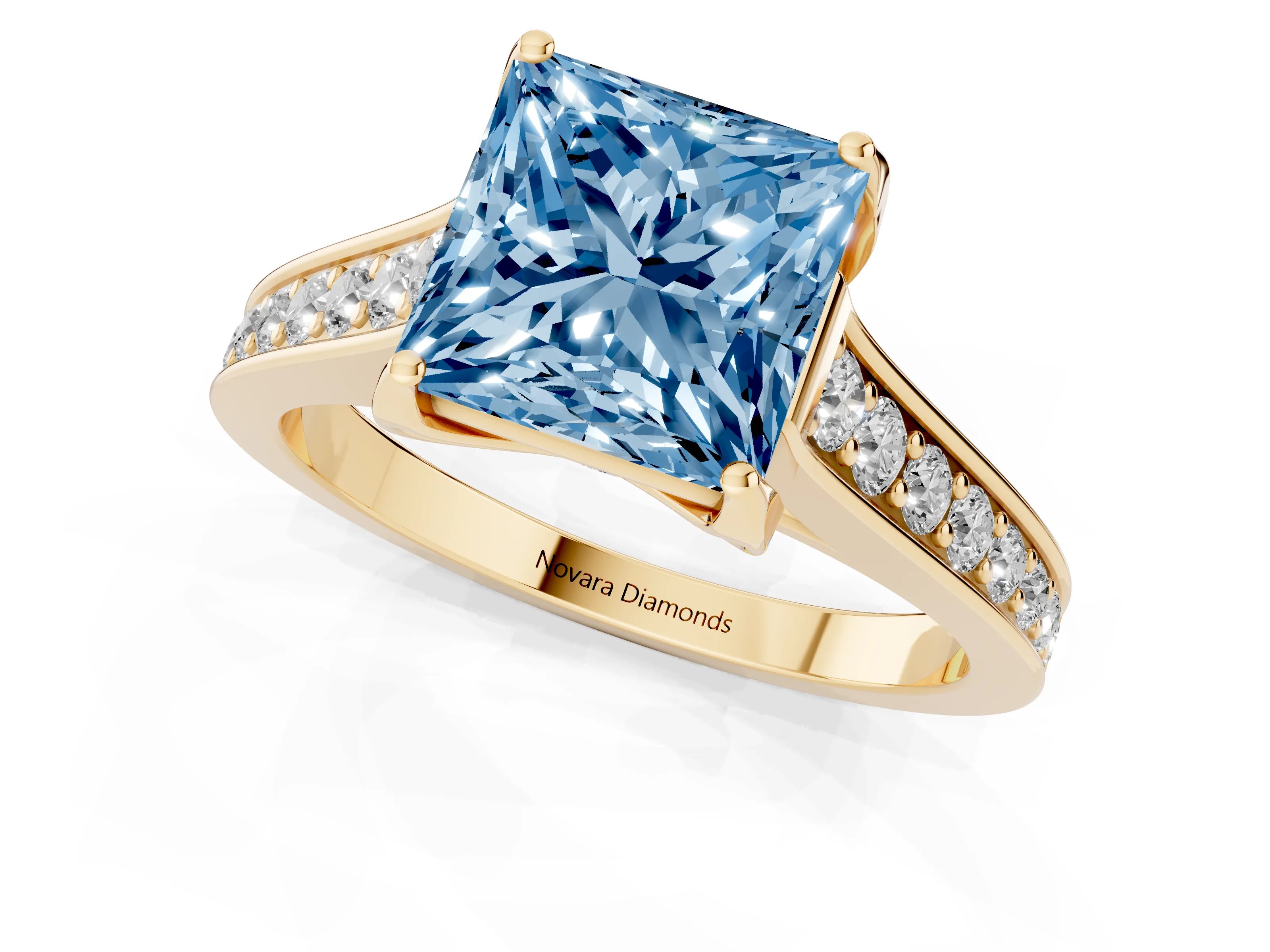 Fancy Blue Princess Cut Diamond Solitaire Pavé Engagement Ring Set in Yellow gold with Prong Setting