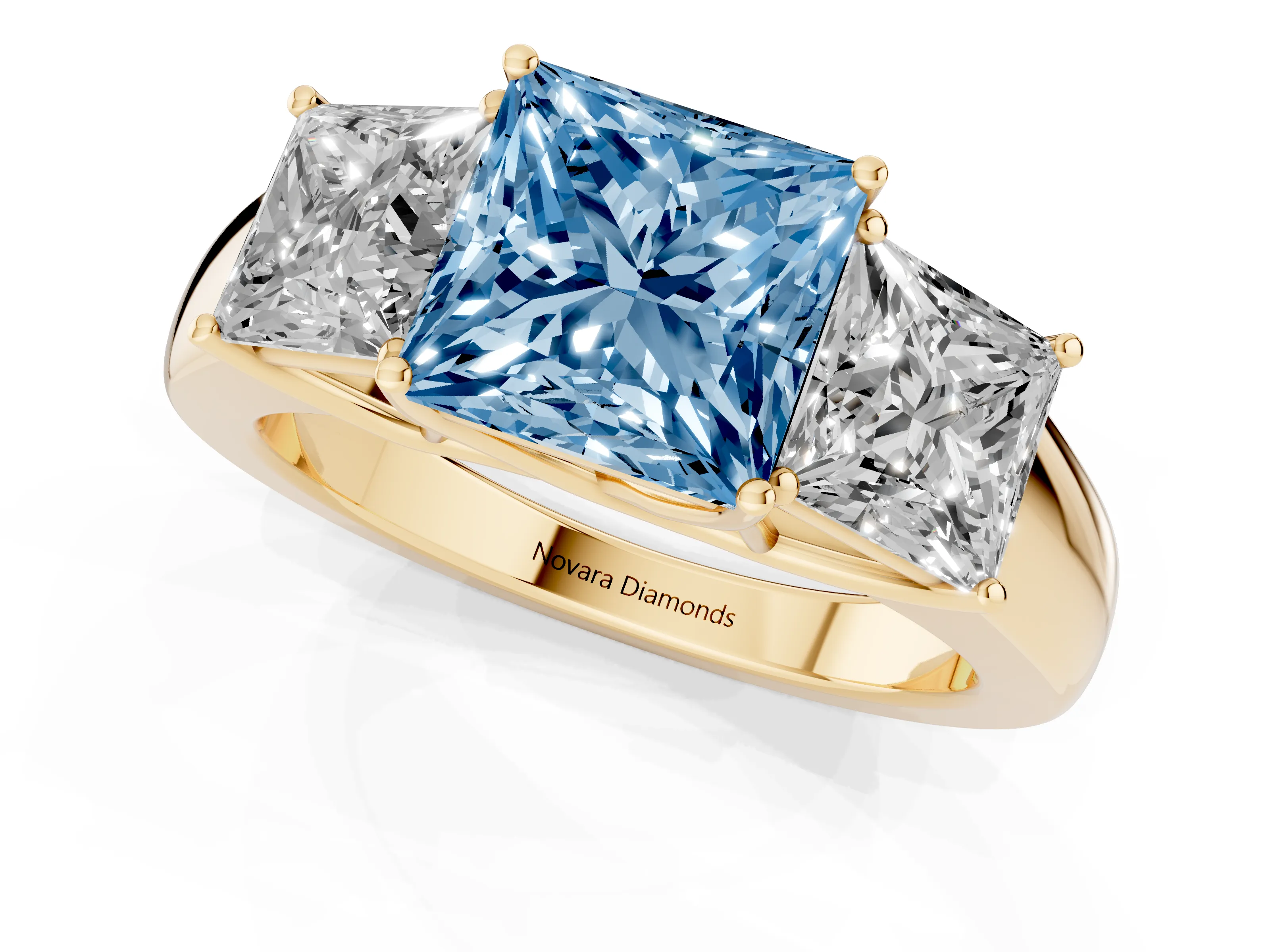 Fancy Blue Three-Stone Princess Cut Diamond Ring Set in Yellow gold with Matching Prong Settings and Plain Band