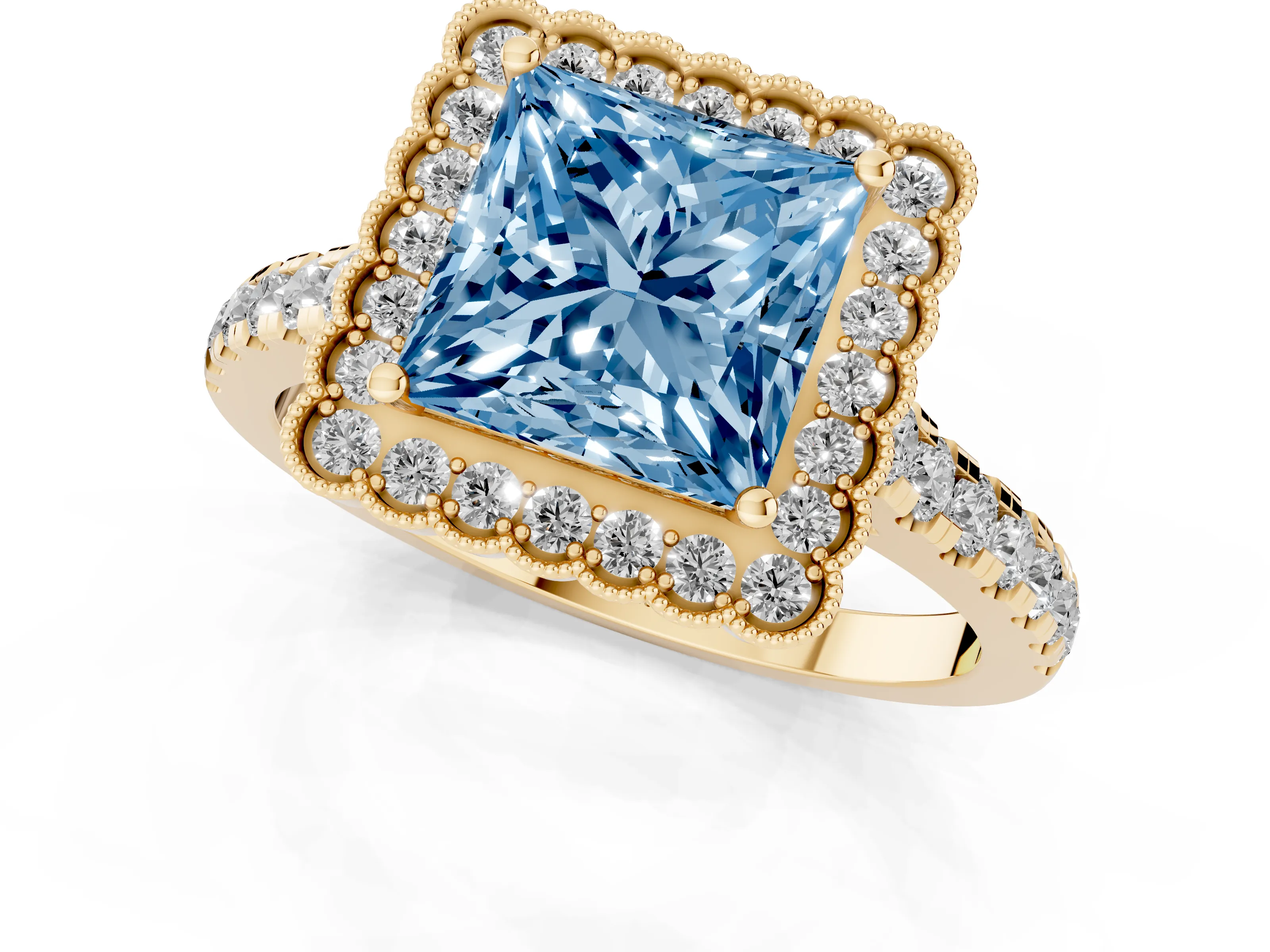 Fancy Blue Princess Cut Diamond Milgrain Floral Halo Engagement Ring Set in Yellow gold with Pavé Band