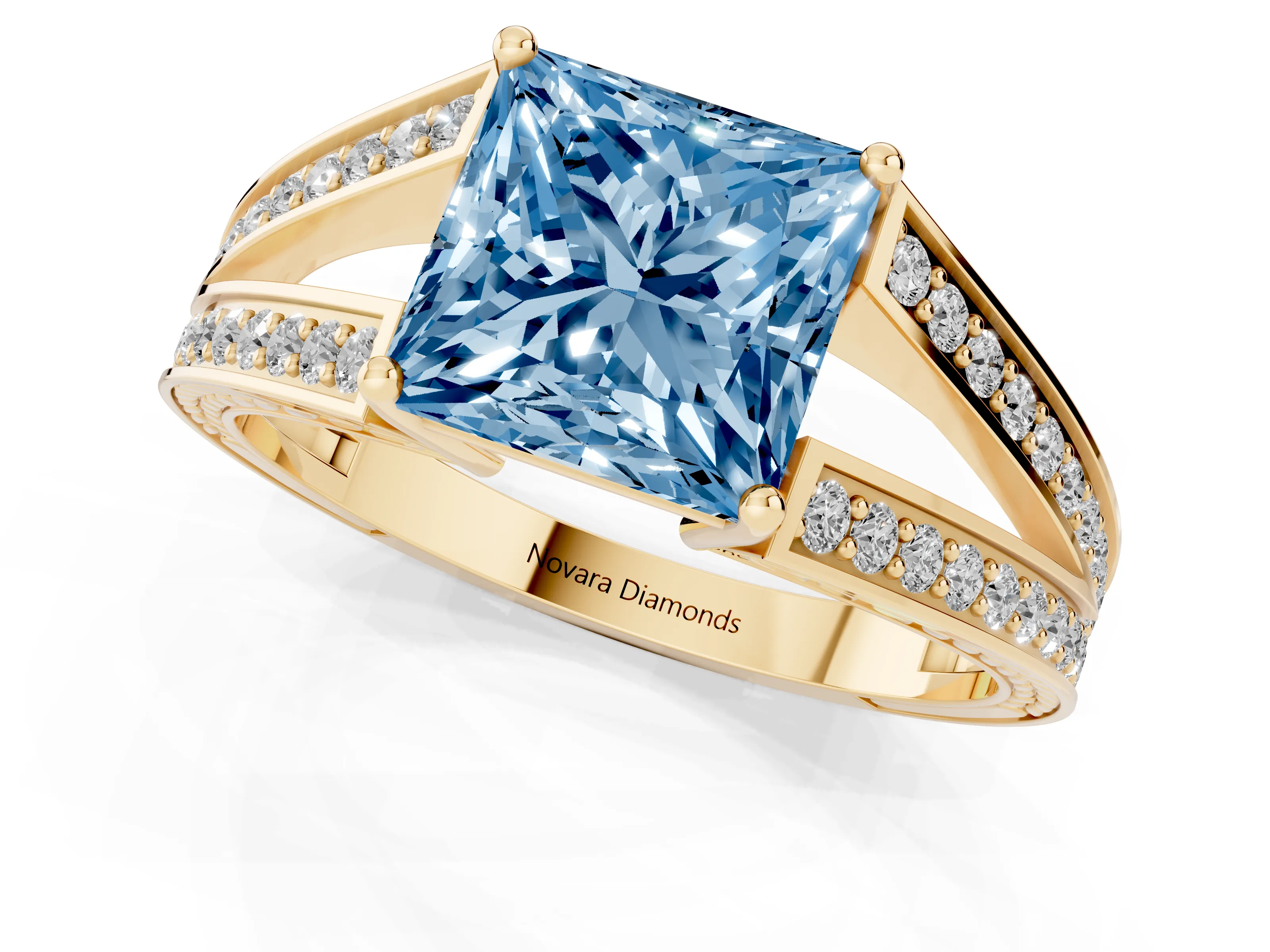 Fancy Blue Princess Cut Diamond Split Shank Ring Set in Yellow gold with Pavé Band and Prong Setting
