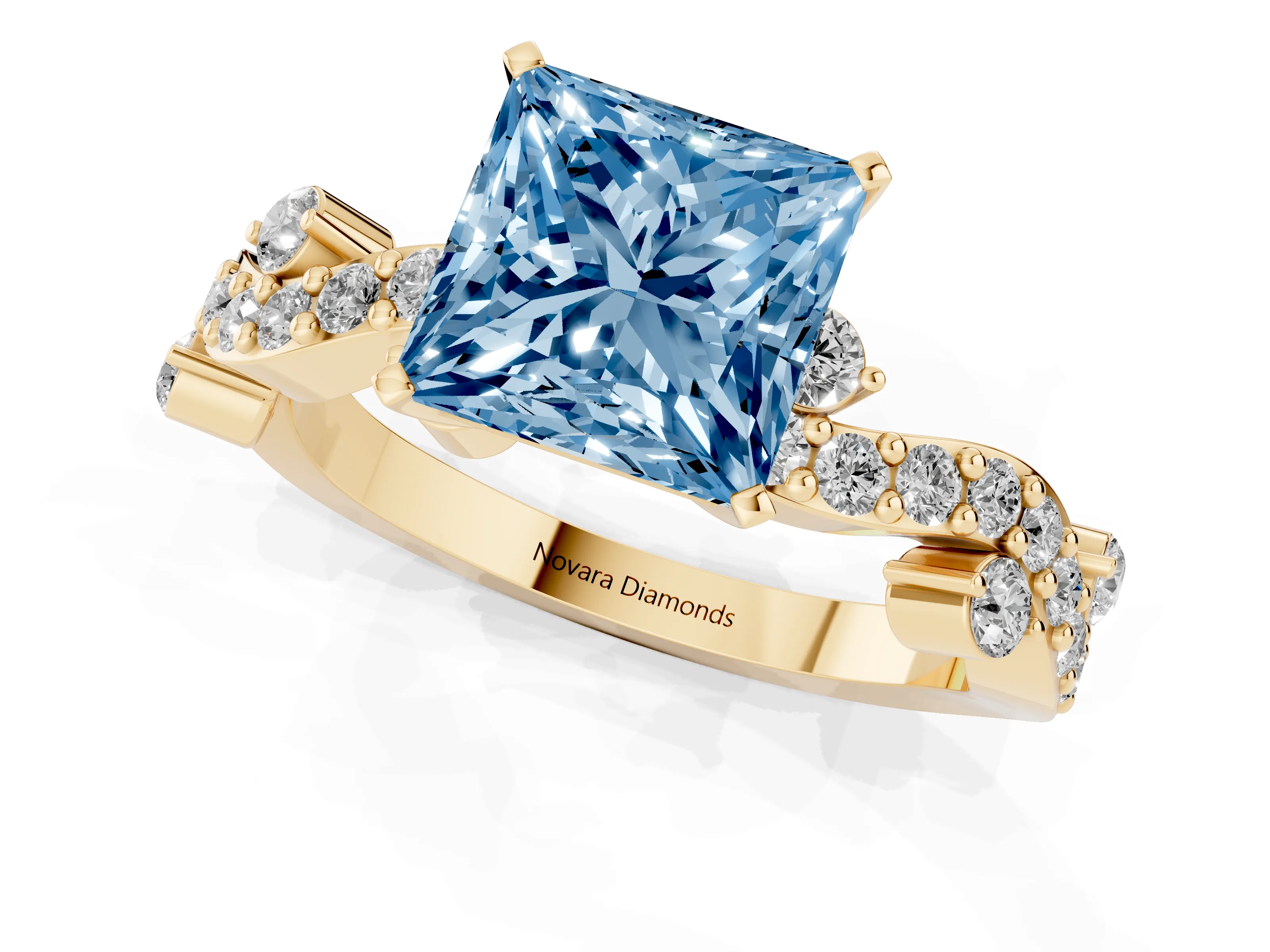 Fancy Blue Princess Cut Diamond Solitaire Twisted Band Set in Yellow gold with Pavé Setting