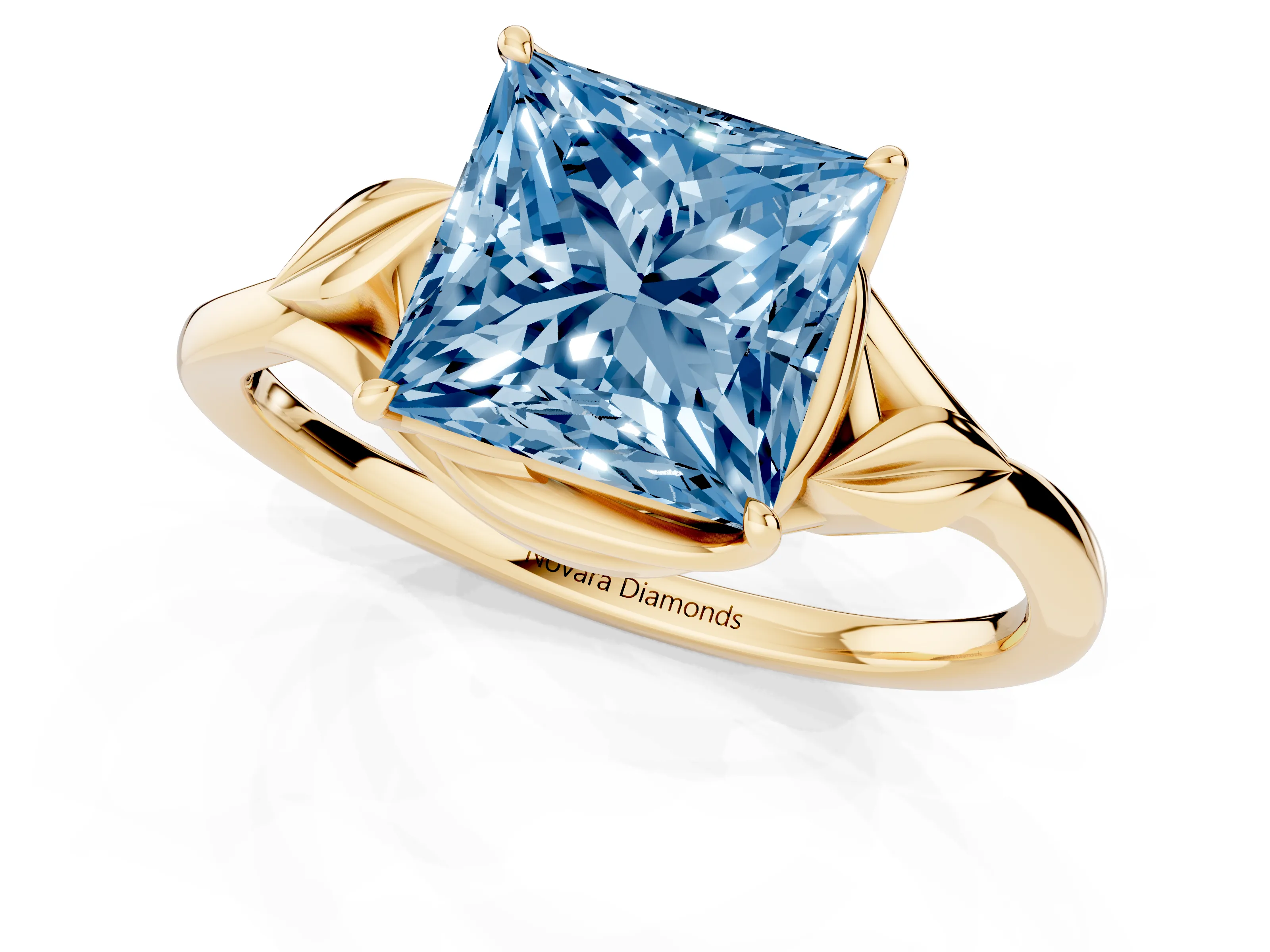 Fancy Blue Princess Cut Diamond Solitaire Ring Set in Yellow gold with Polished Twist Band