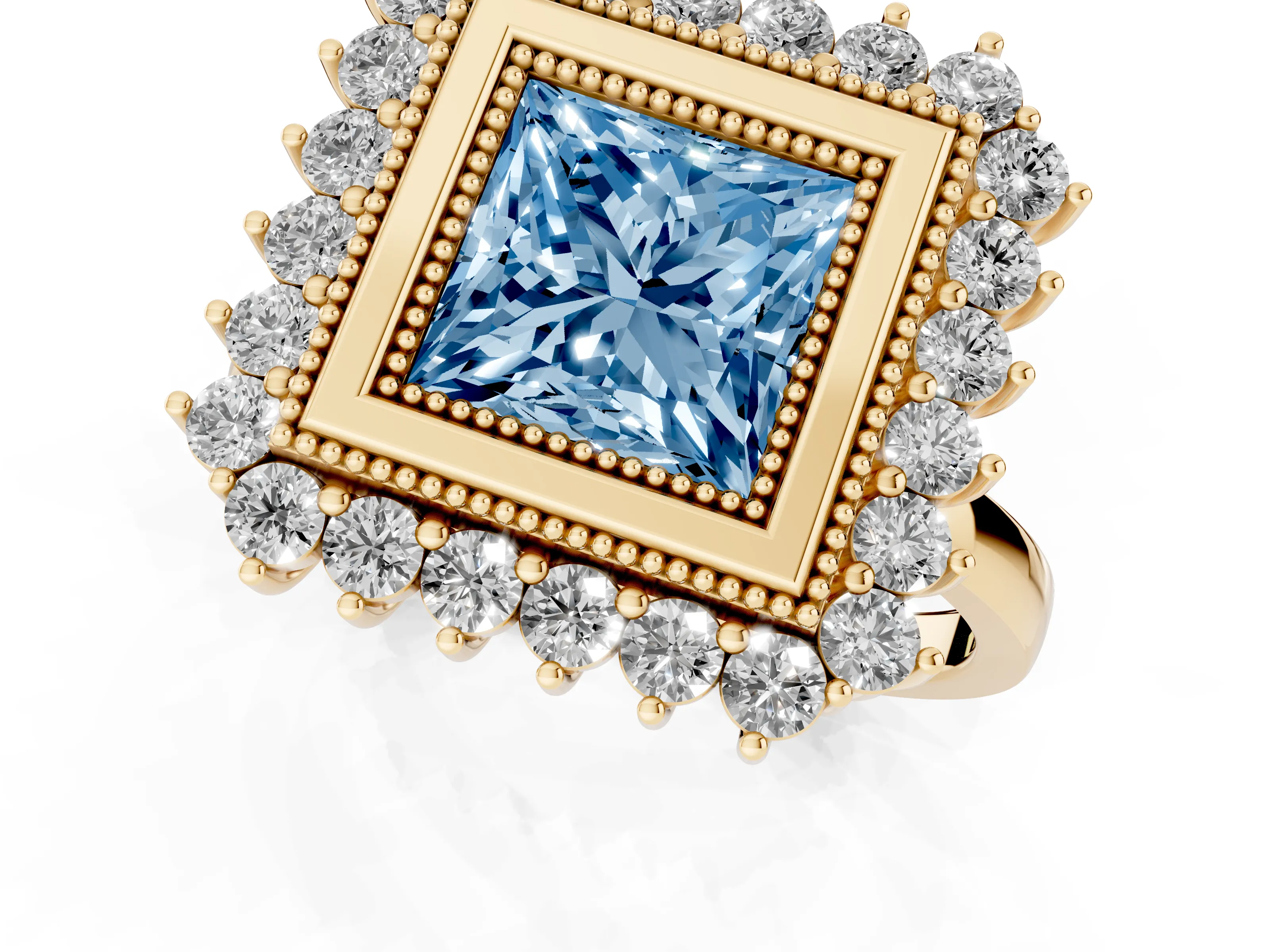 Fancy Blue Princess Cut Diamond Halo Ring Set in Yellow gold with Milgrain Edge and Round Prong Setting