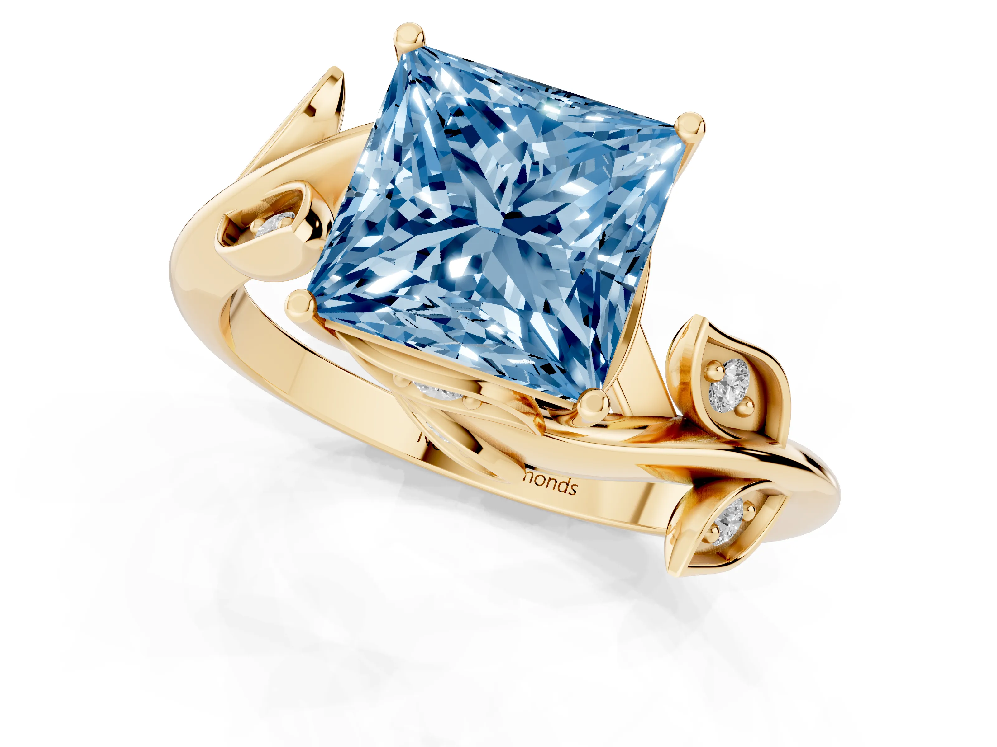 Fancy Blue Princess Cut Diamond Solitaire Twist Engagement Ring Set in Yellow gold with Pavé Leaf Accents