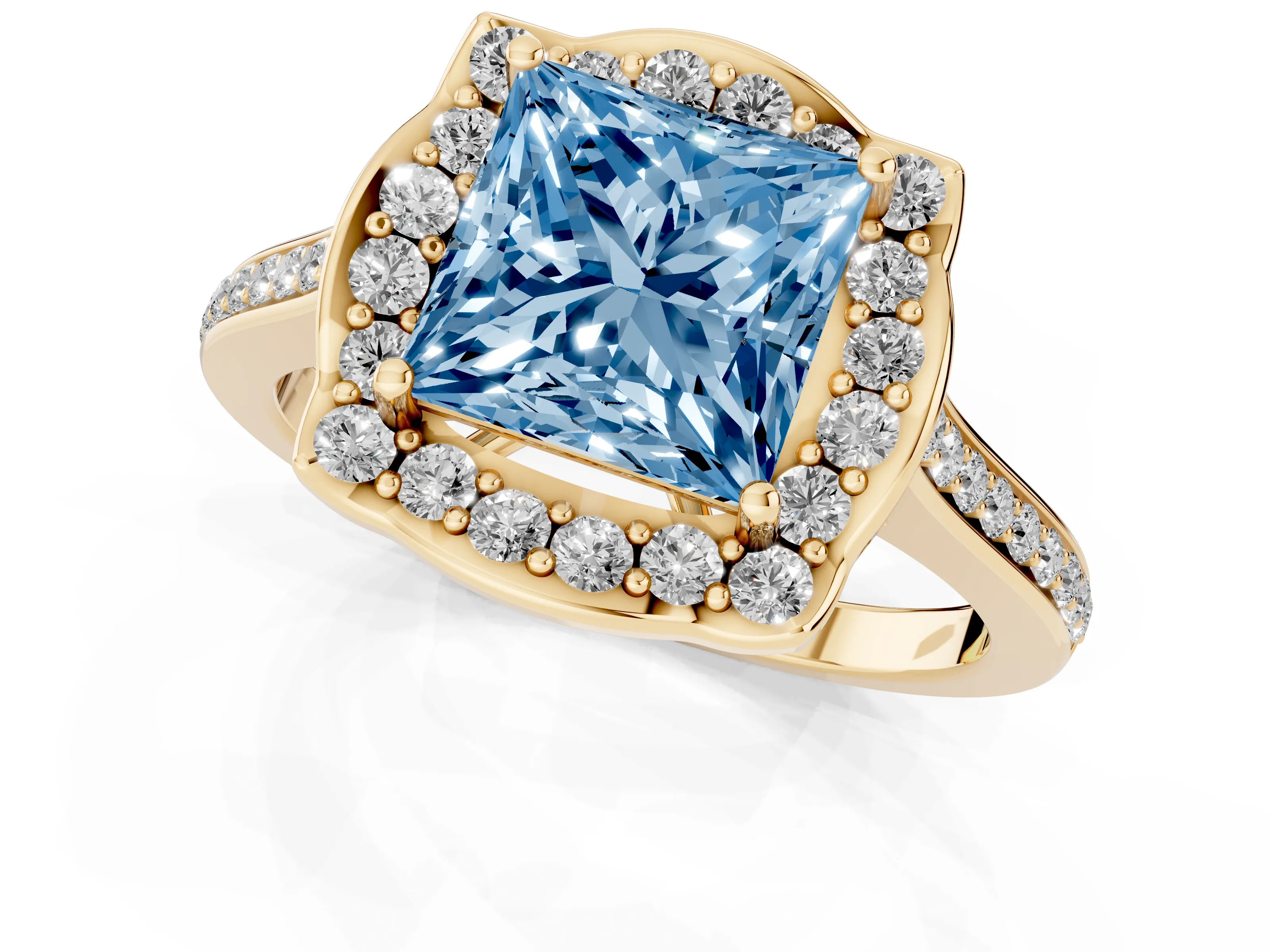 Fancy Blue Princess Cut Diamond Halo Ring Set in Yellow gold with Pavé-Lined Shoulders and Prong Setting