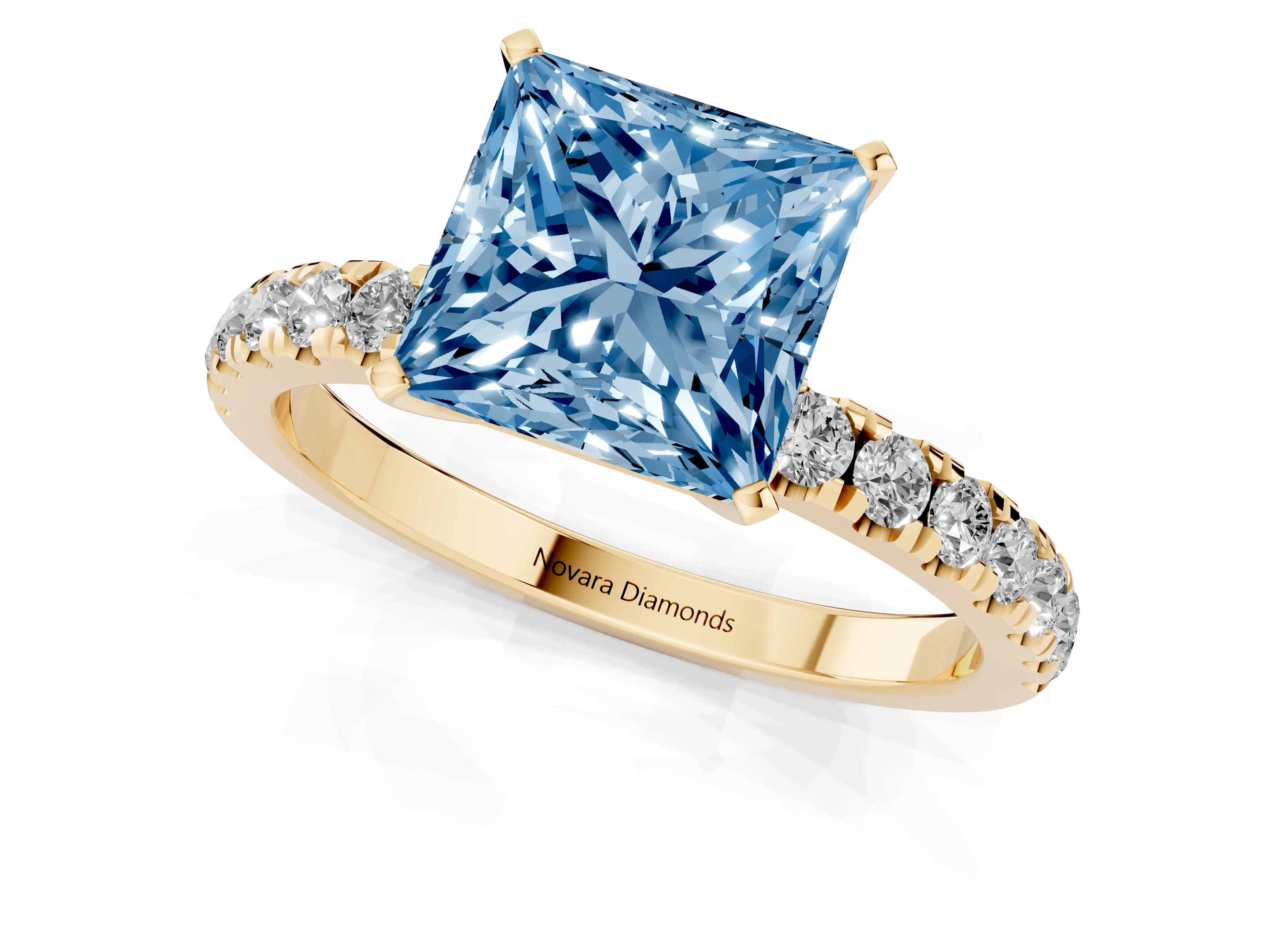 Fancy Blue Princess Cut Diamond Solitaire Ring Set in Yellow gold with Pavé Accents and Prong Setting