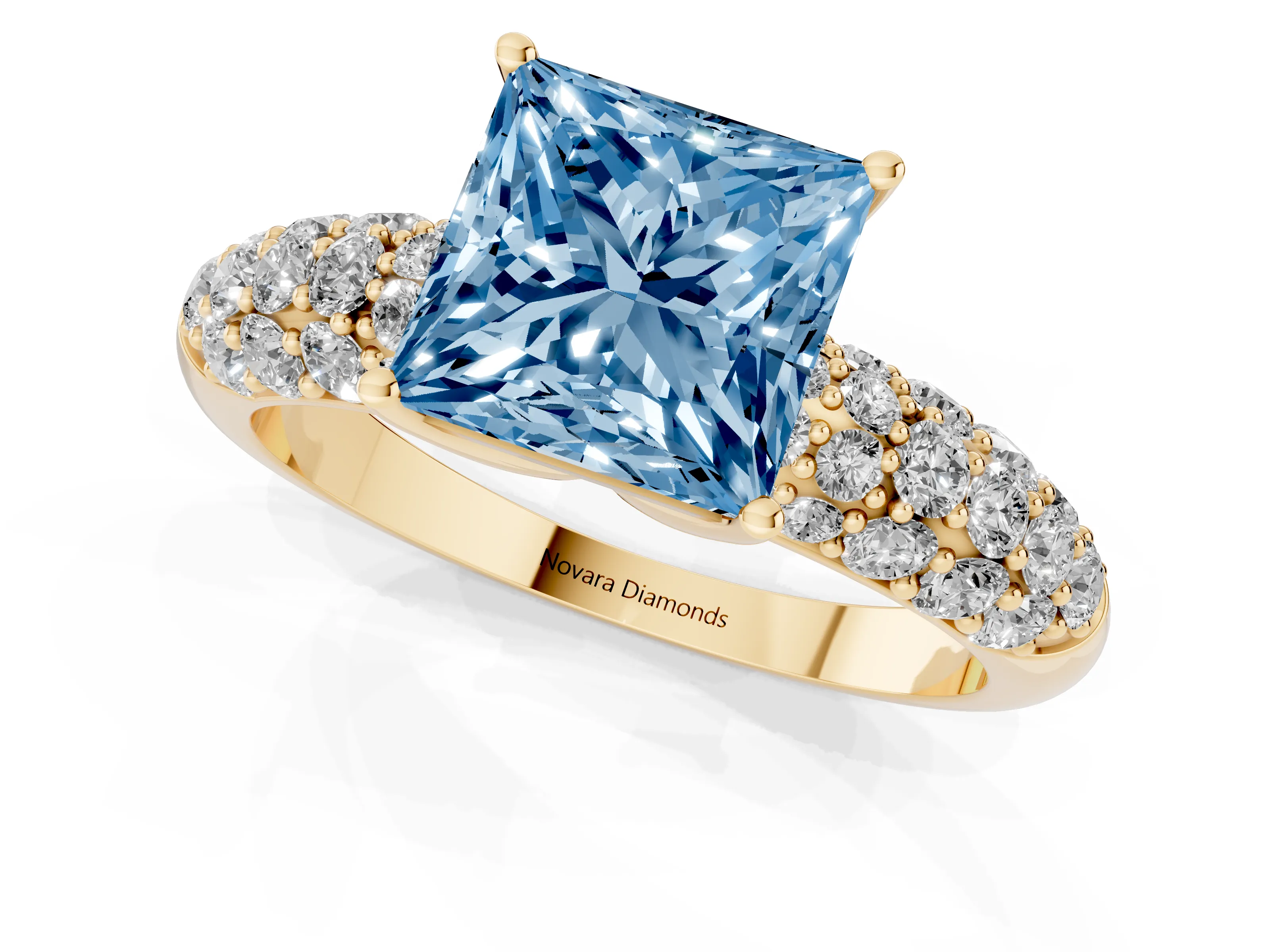 Fancy Blue Princess Cut Diamond Pavé Band Solitaire Ring Set in Yellow gold with Close-Set Accent Stones and Prong Setting