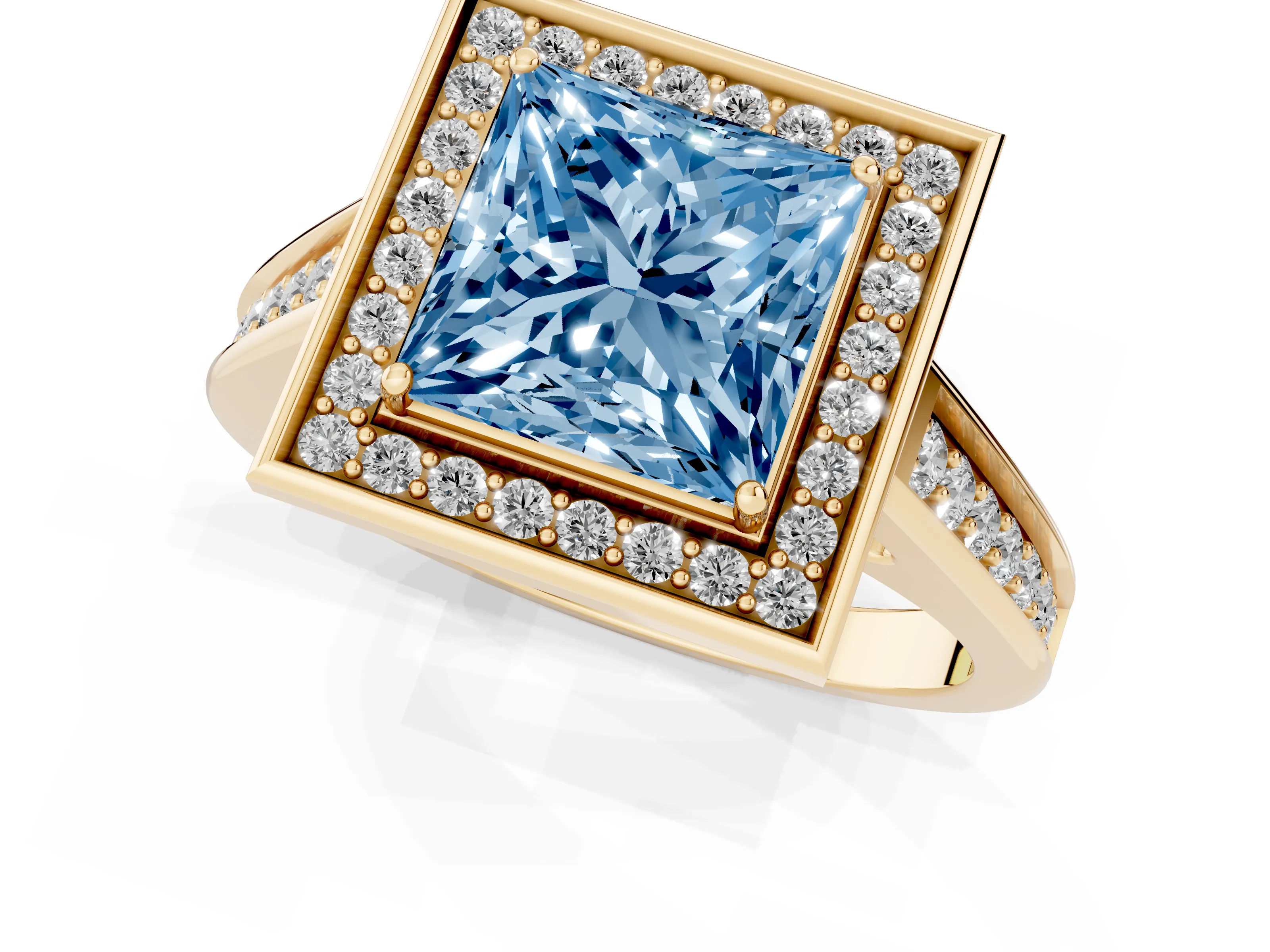 Fancy Blue Princess Cut Diamond Halo Solitaire Ring Set in Yellow gold with Pavé Band and Bezel Setting