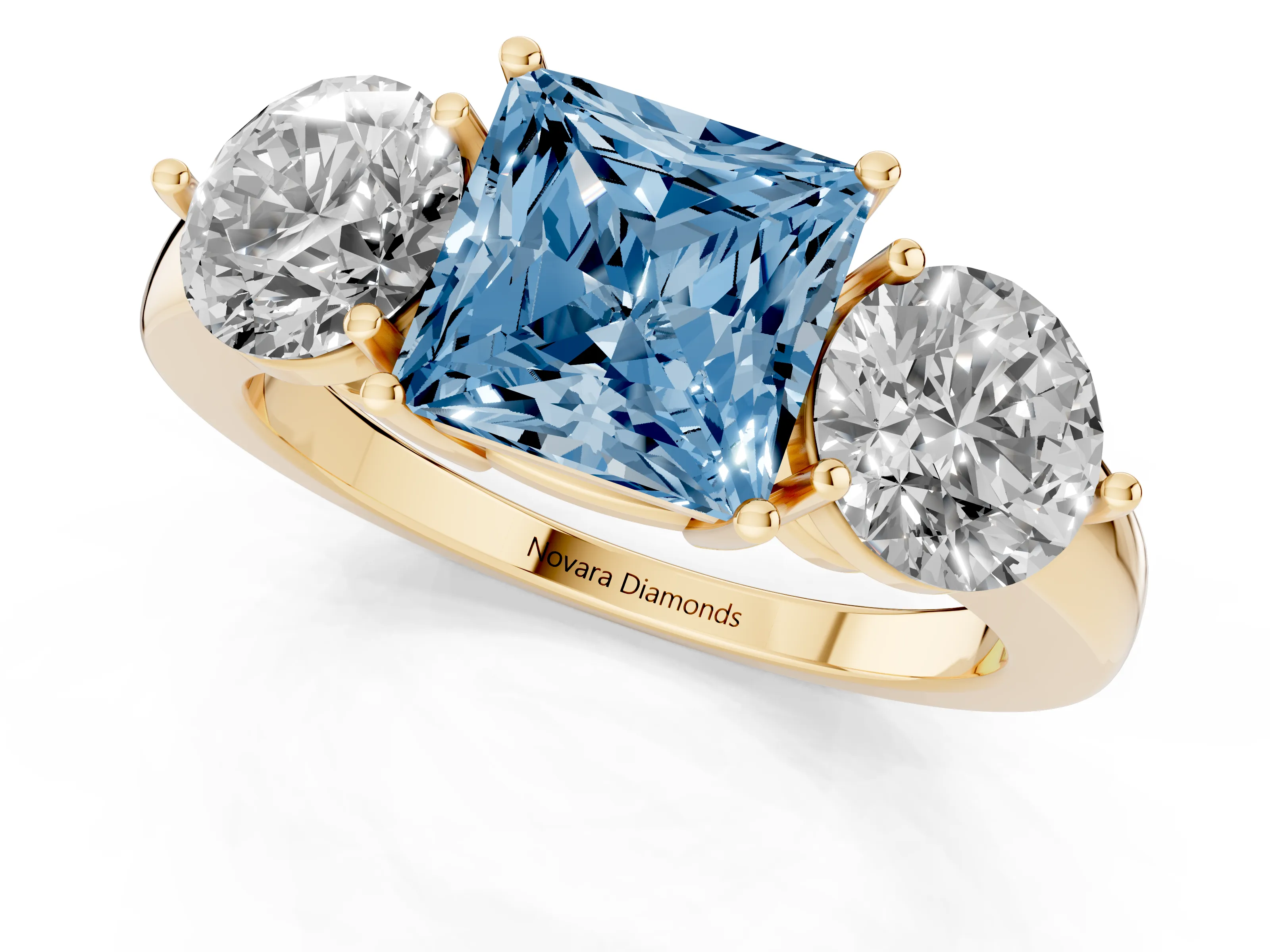 Fancy Blue Princess Cut Diamond Three-Stone Ring Set in Yellow gold with Prong Setting and Plain Band