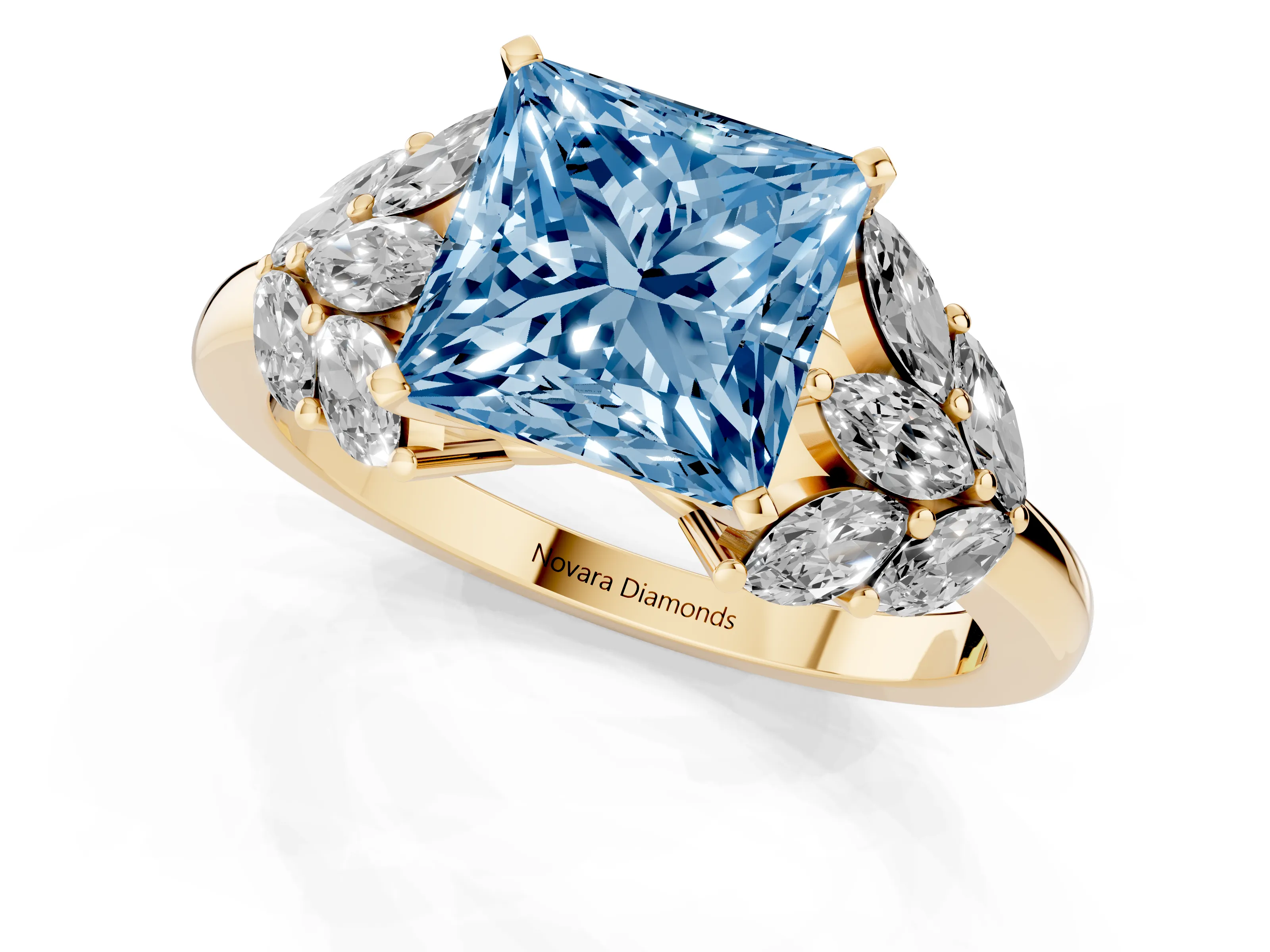 Fancy Blue Princess Cut Diamond Cluster Leaf Design Ring Set in Yellow gold with Prong Setting
