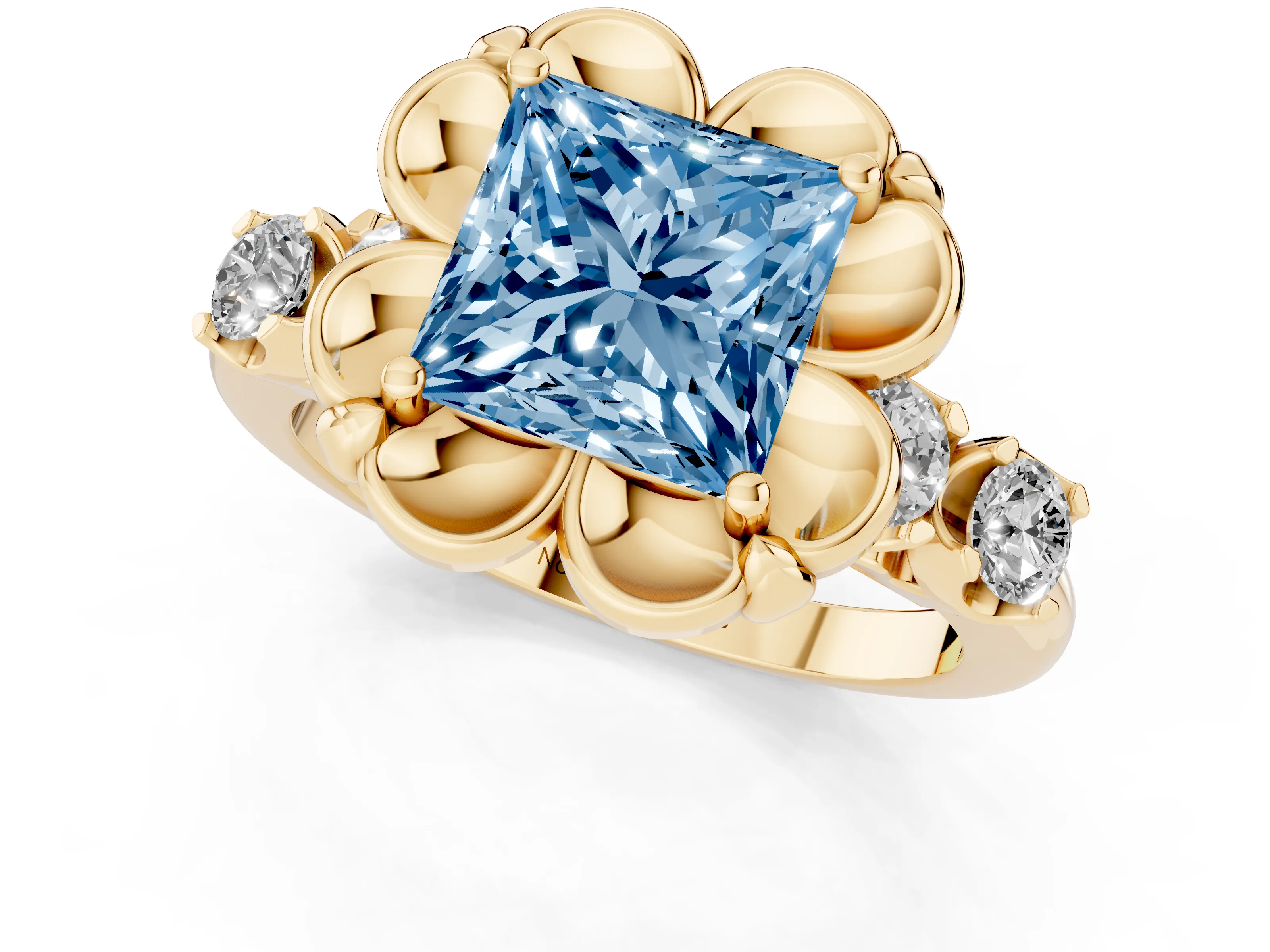 Fancy Blue Princess Cut Diamond Floral Halo Ring Set in Yellow gold with Shared Prong Band