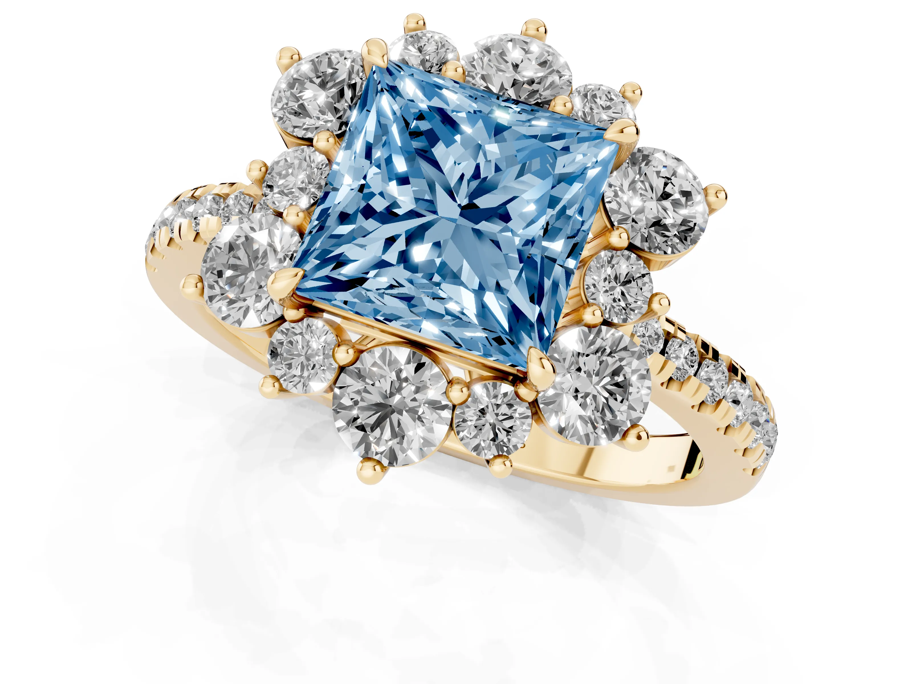 Fancy Blue Princess Cut Diamond Floral Halo Ring Set in Yellow gold with Round Pavé Band and Prong Setting – second view