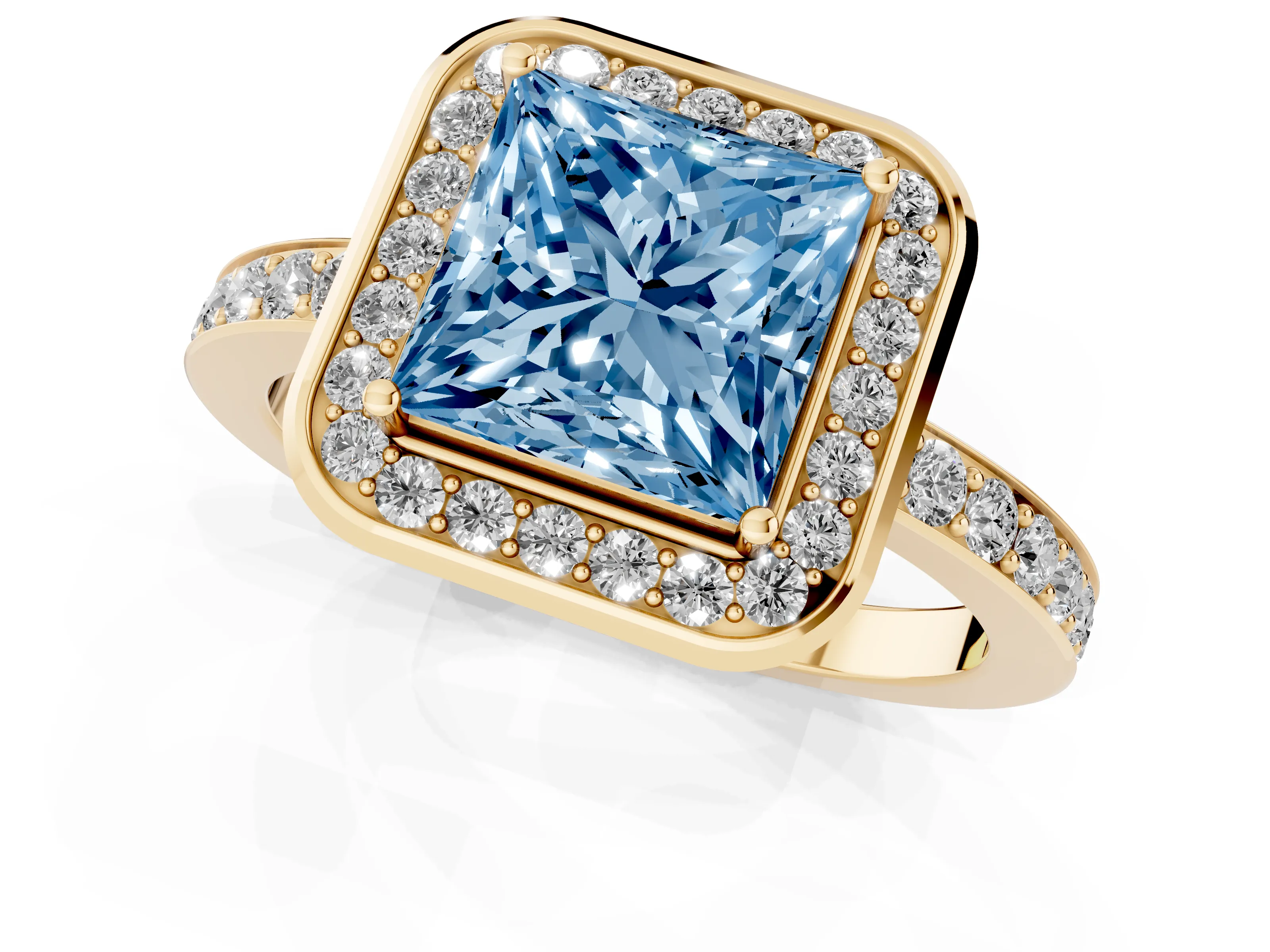 Fancy Blue Princess Cut Diamond Halo Ring Set in Yellow gold with Bezel Frame and Pavé Band