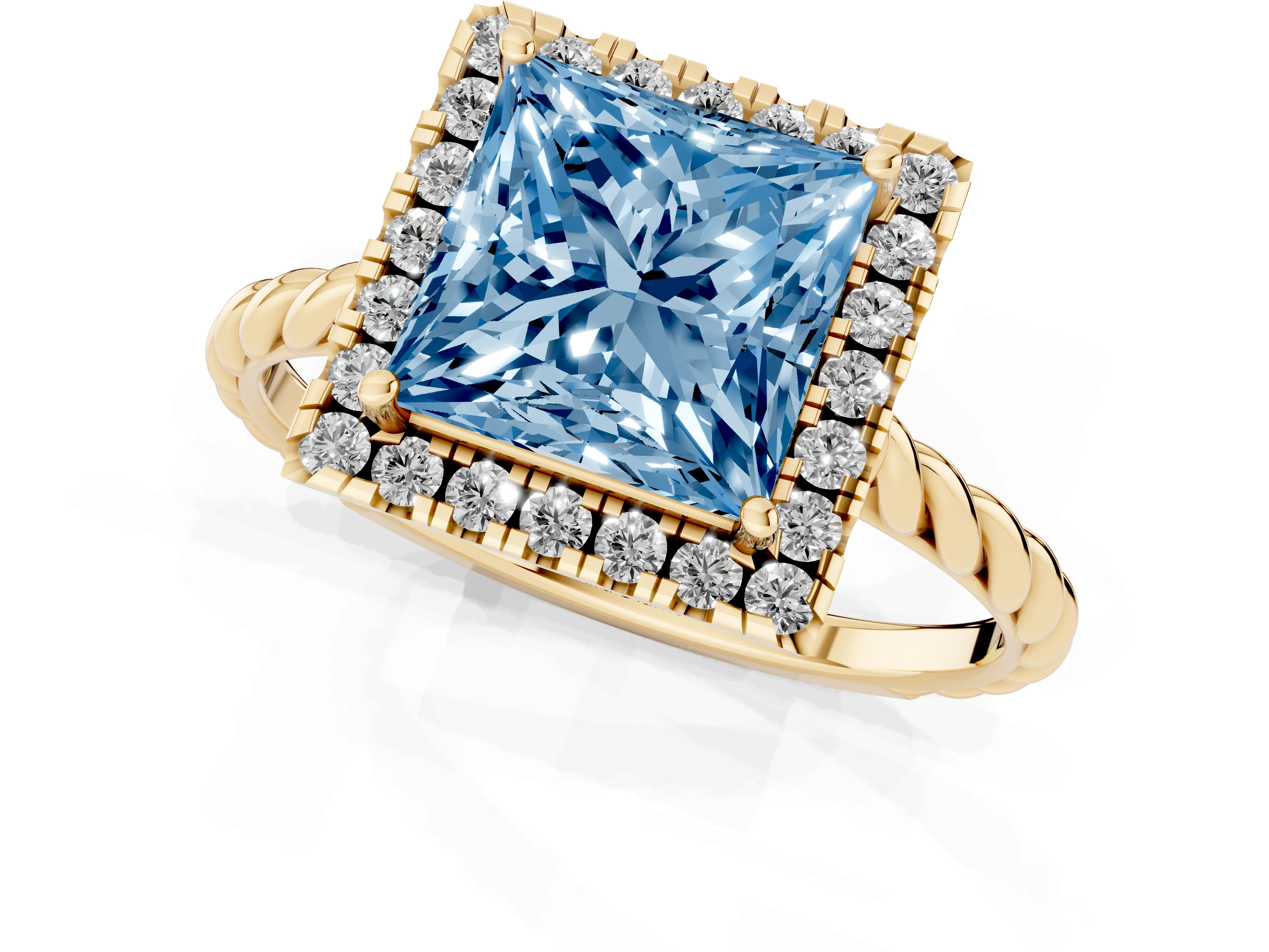 Fancy Blue Princess Cut Diamond Halo Ring Set in Yellow gold with Plain Twisted Band