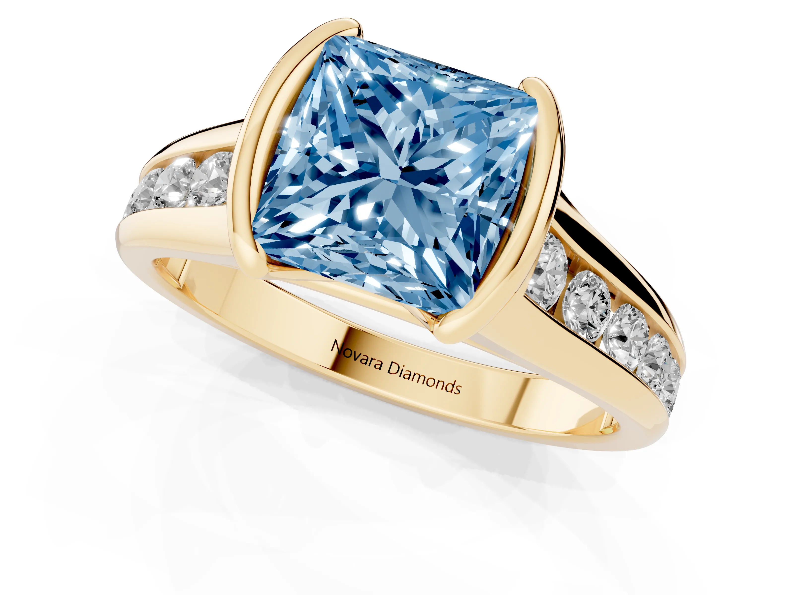 Fancy Blue Princess Cut Diamond Bezel-Set Solitaire Ring Set in Yellow gold with Channel-Set Band