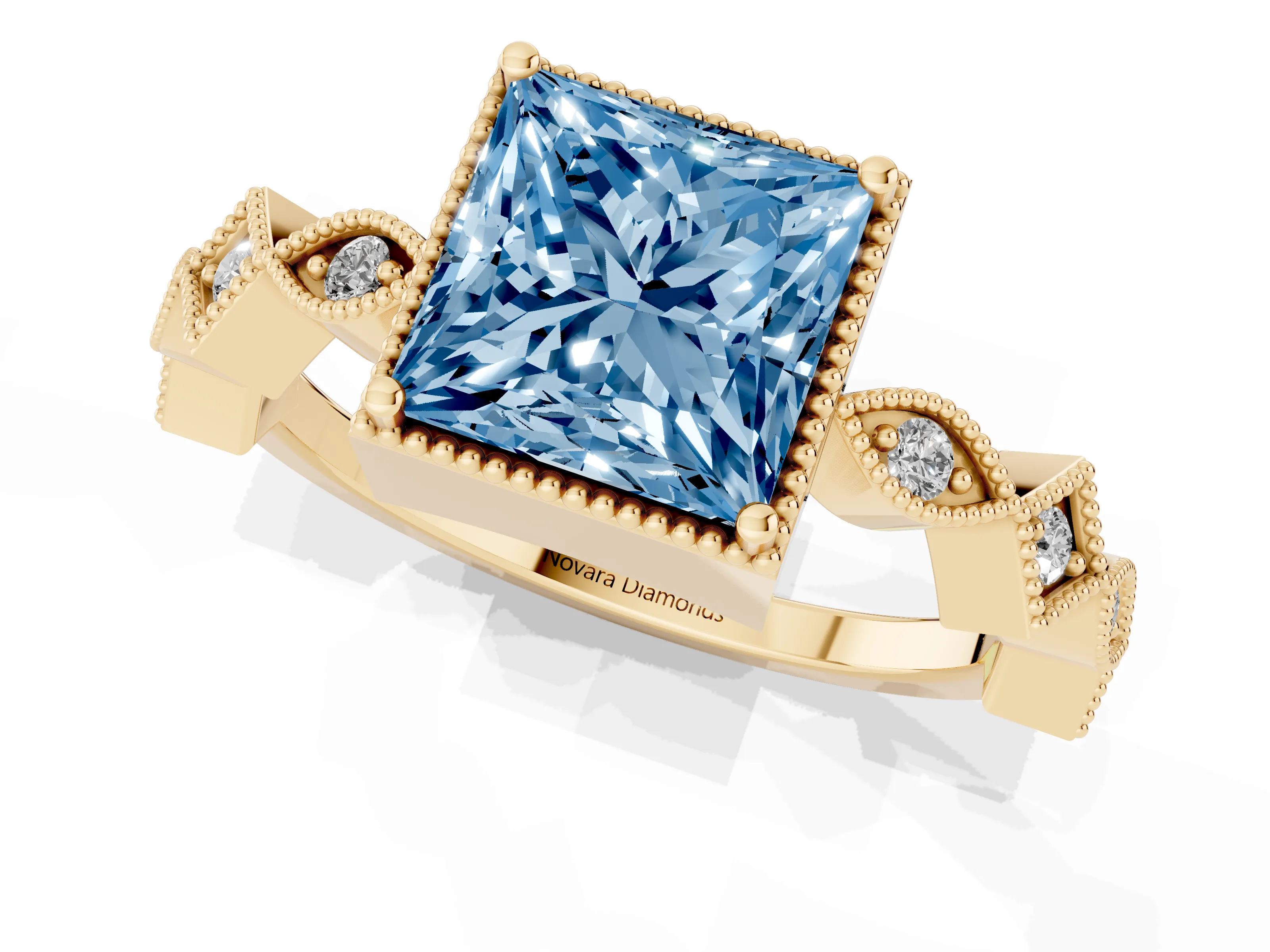 Fancy Blue Princess Cut Diamond Milgrain Marquise Twist Band Ring Set in Yellow gold with Prong Setting