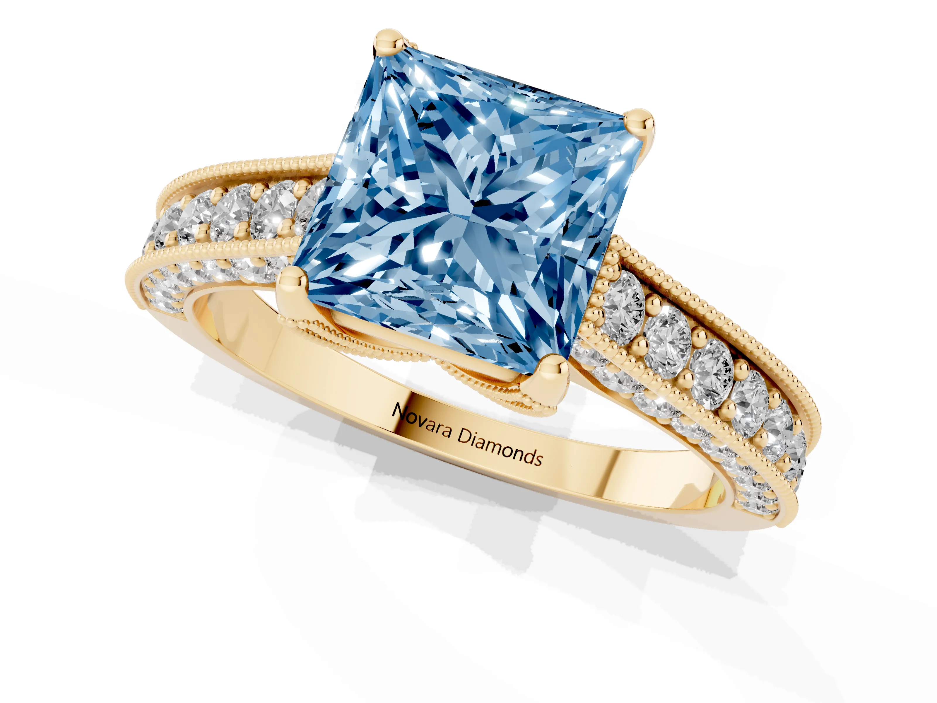 Fancy Blue Princess Cut Diamond Solitaire Ring Set in Yellow gold with Milgrain-Edged Pavé Band and Prong Setting