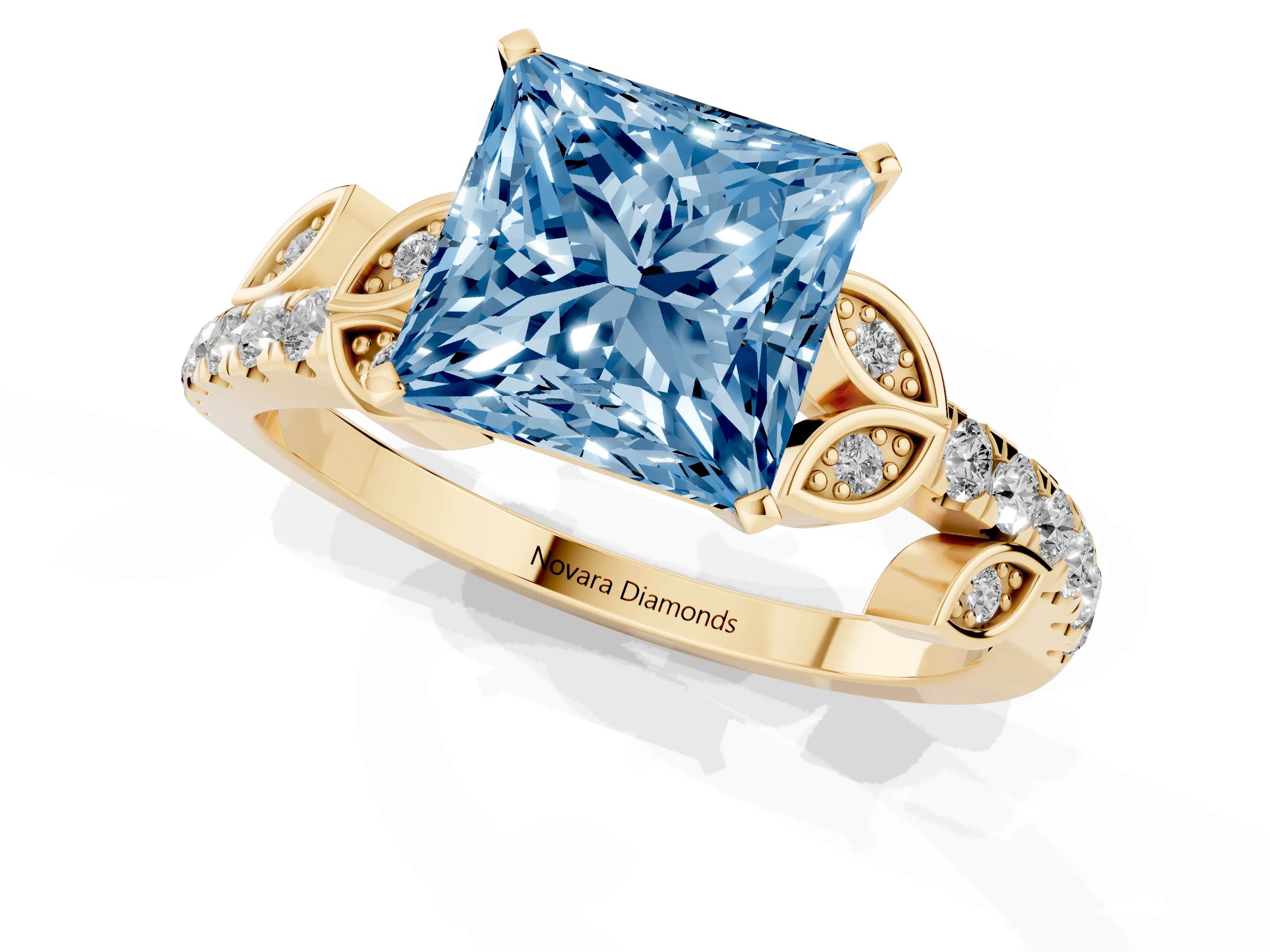 Fancy Blue Princess Cut Diamond Solitaire Leaf-Inspired Ring Set in Yellow gold with Pavé Band and Prong Setting