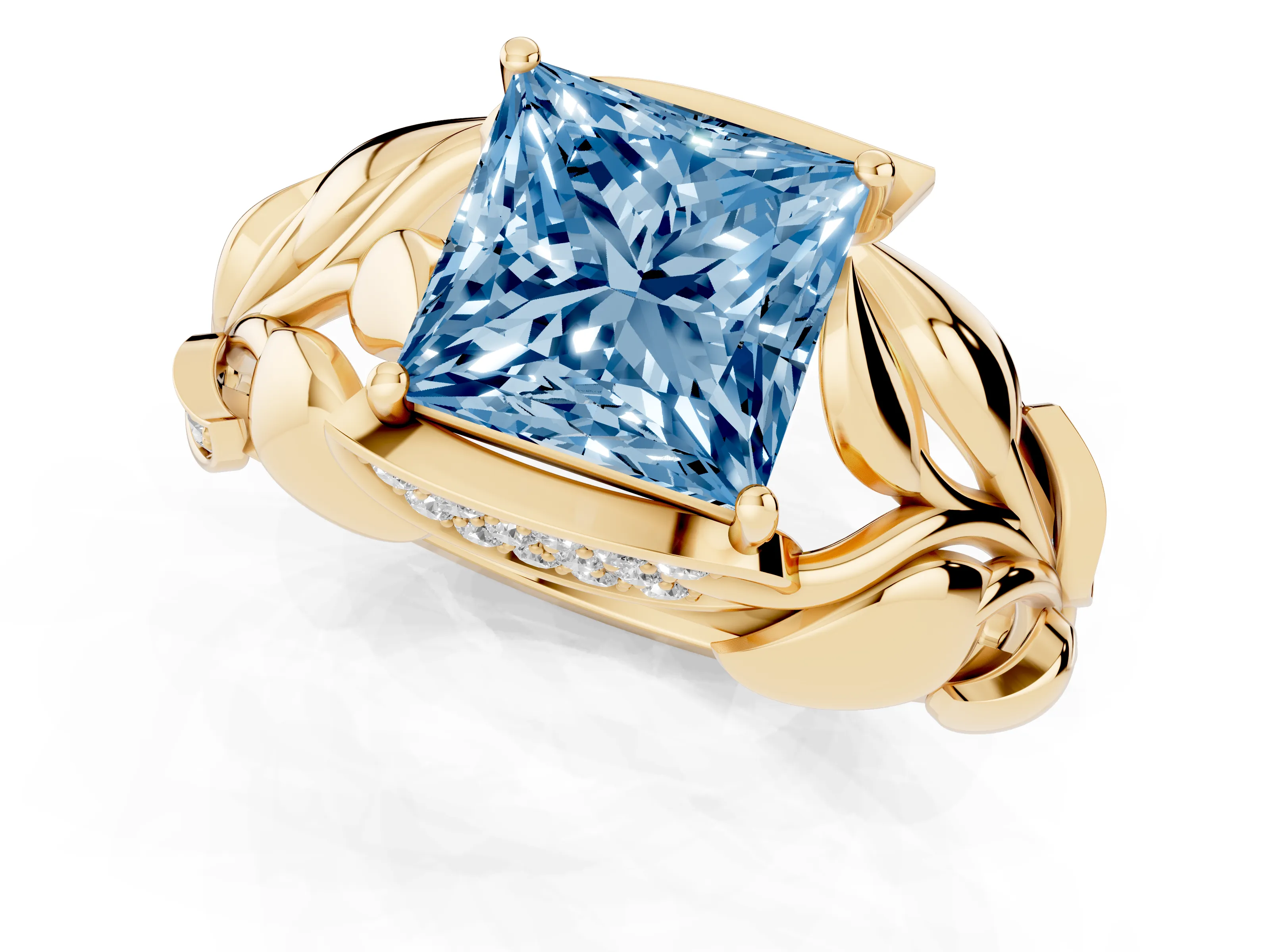 Fancy Blue Princess Cut Diamond Leaf-Inspired Engagement Ring Set in Yellow gold with Round Accents