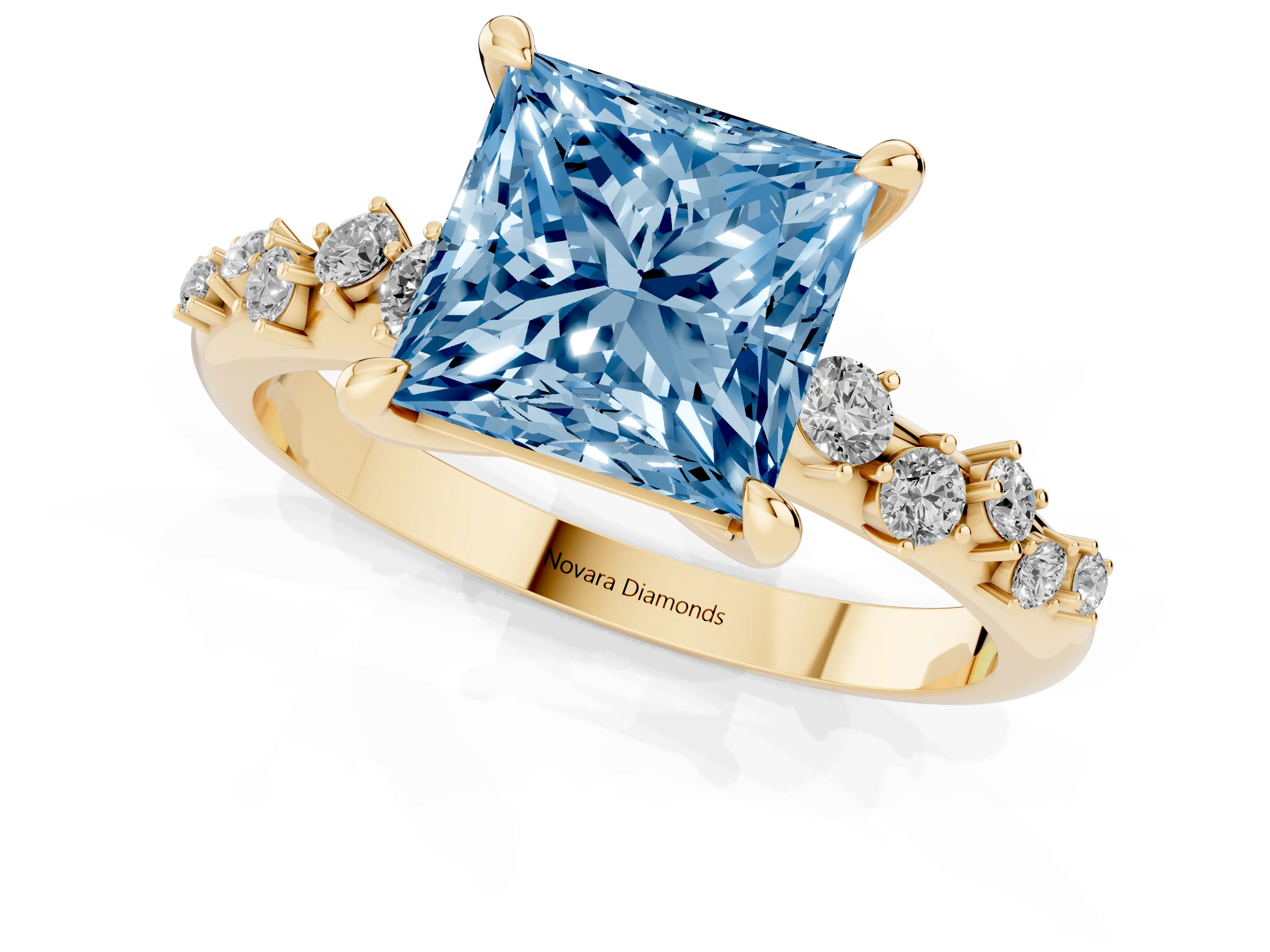 Fancy Blue Princess Cut Diamond Solitaire Vine Band Ring Set in Yellow gold with Round Accents and Prong Setting – second view