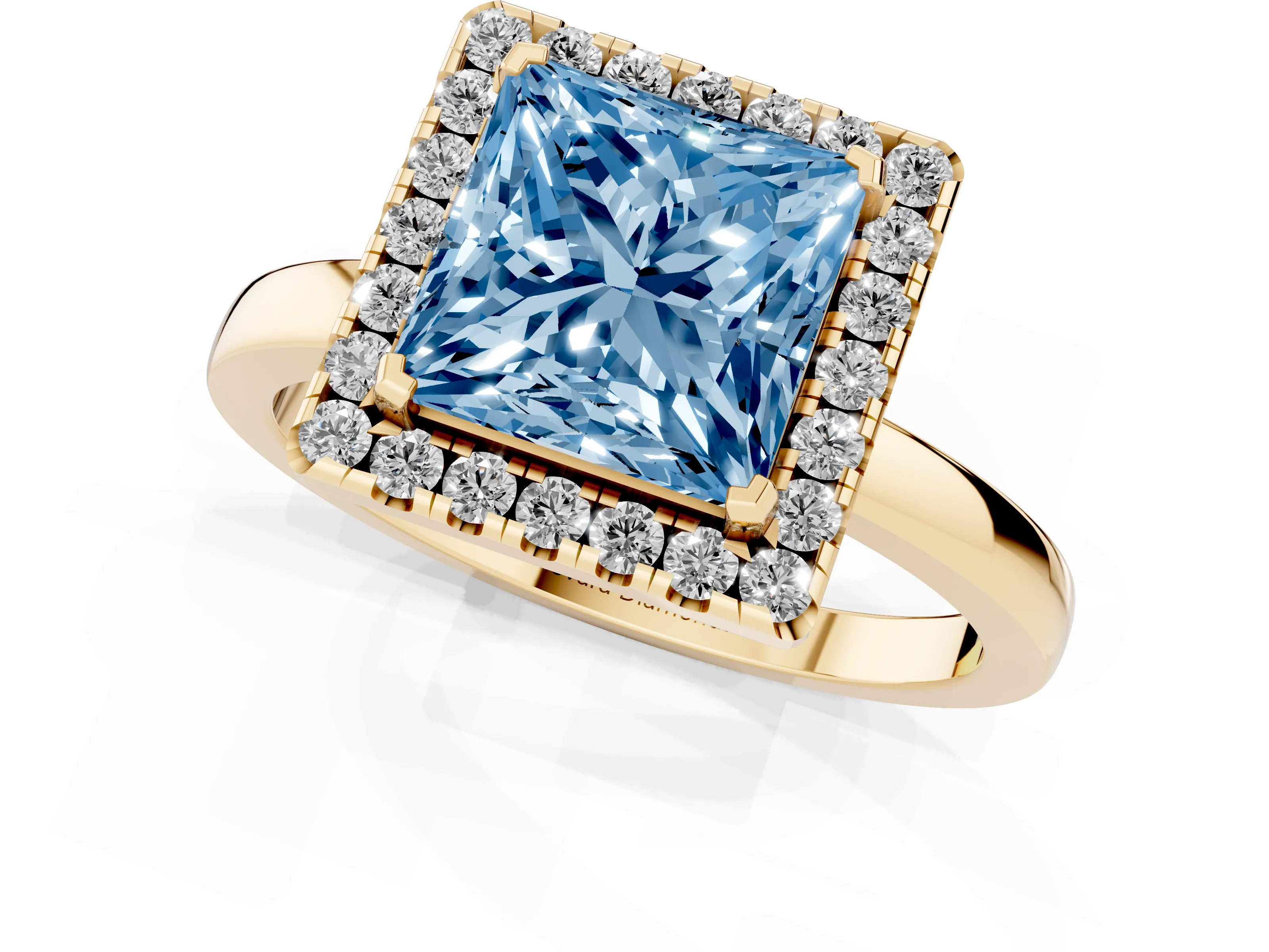 Fancy Blue Princess Cut Diamond Halo Solitaire Ring Set in Yellow gold with Pavé Band and Prong Setting