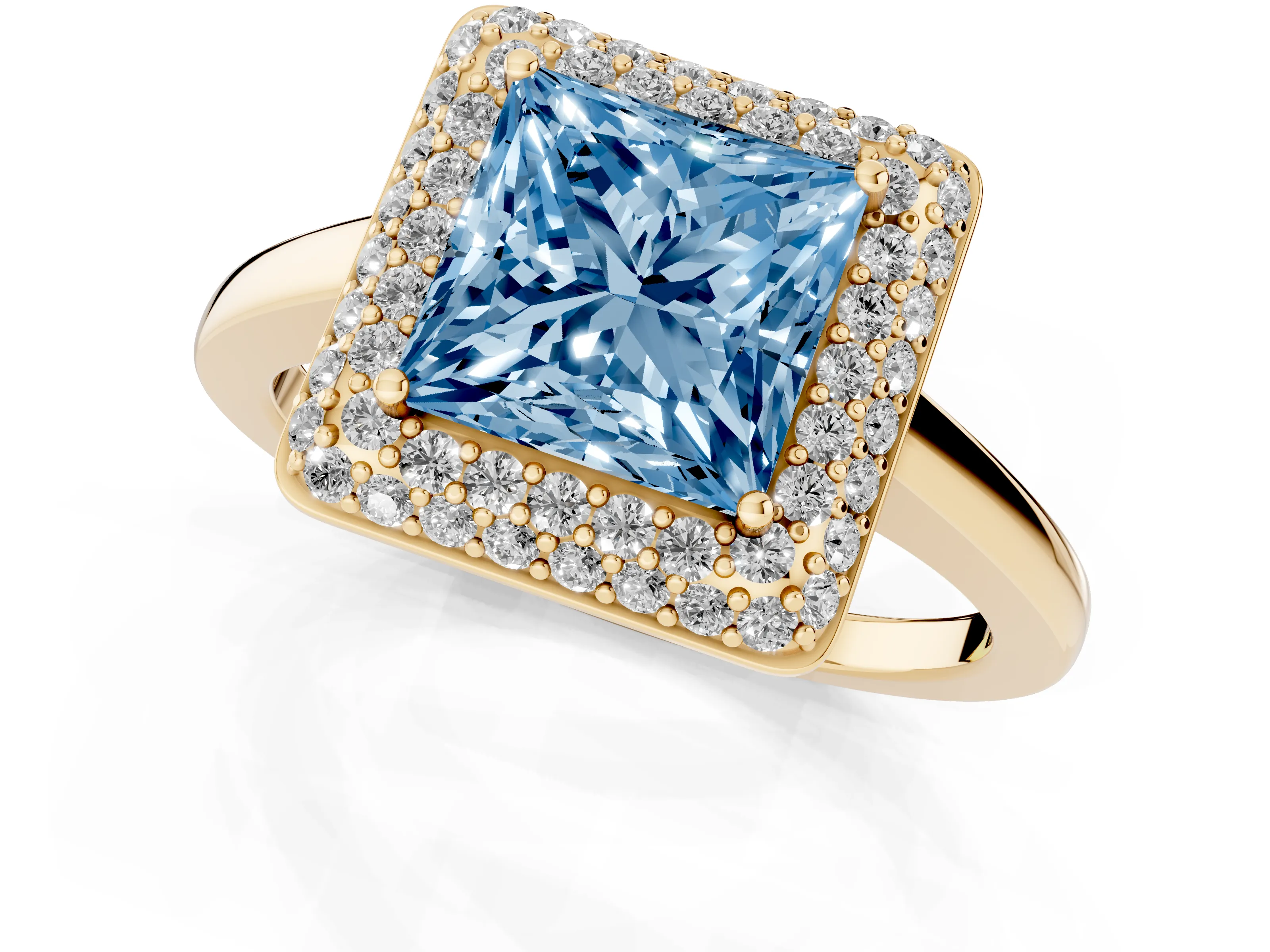 Fancy Blue Princess Cut Diamond Halo Engagement Ring Set in Yellow gold with Solitaire Band and Prong Setting