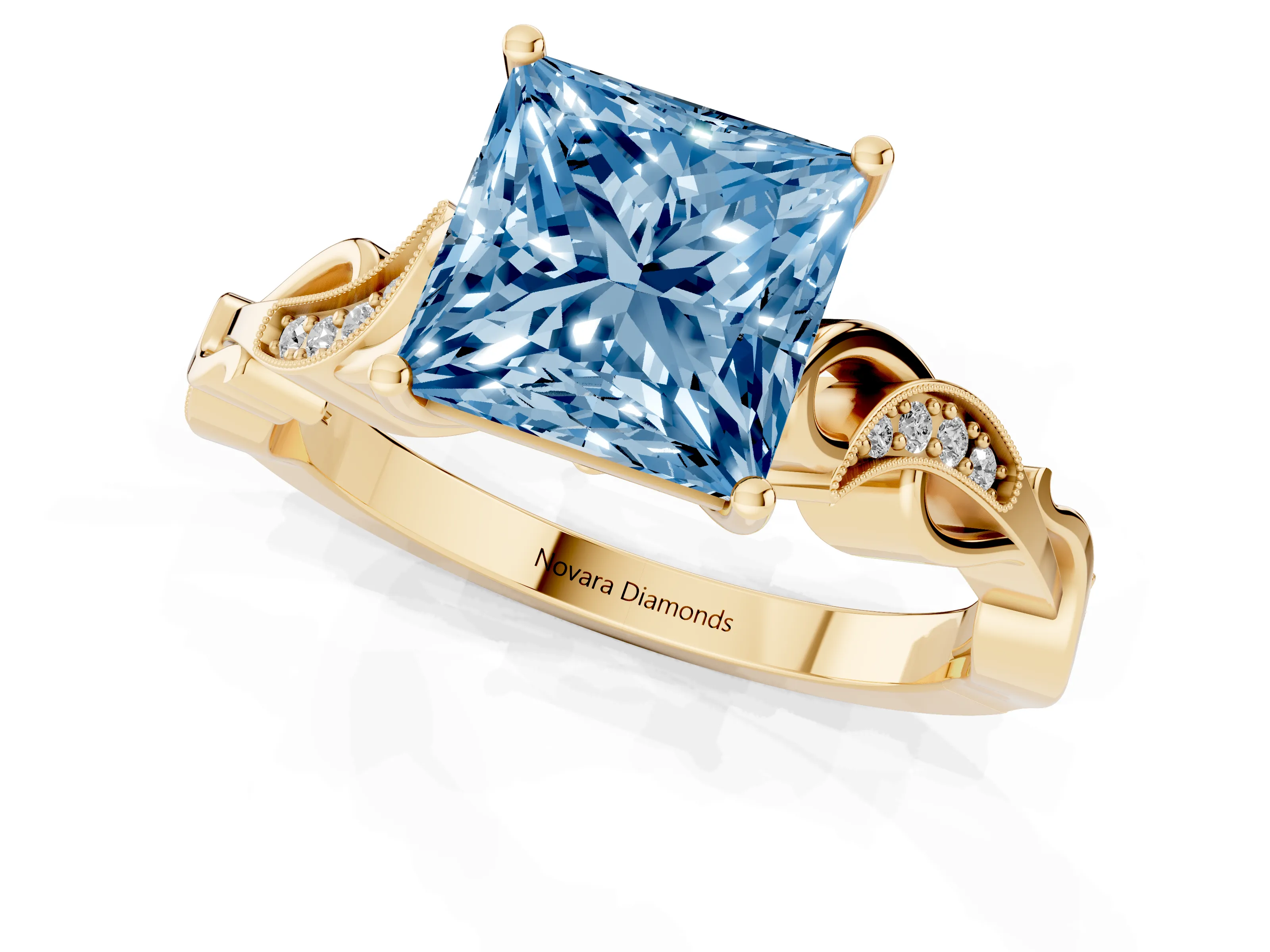 Fancy Blue Princess Cut Diamond Vine Band Solitaire Ring Set in Yellow gold with Milgrain Prong Setting