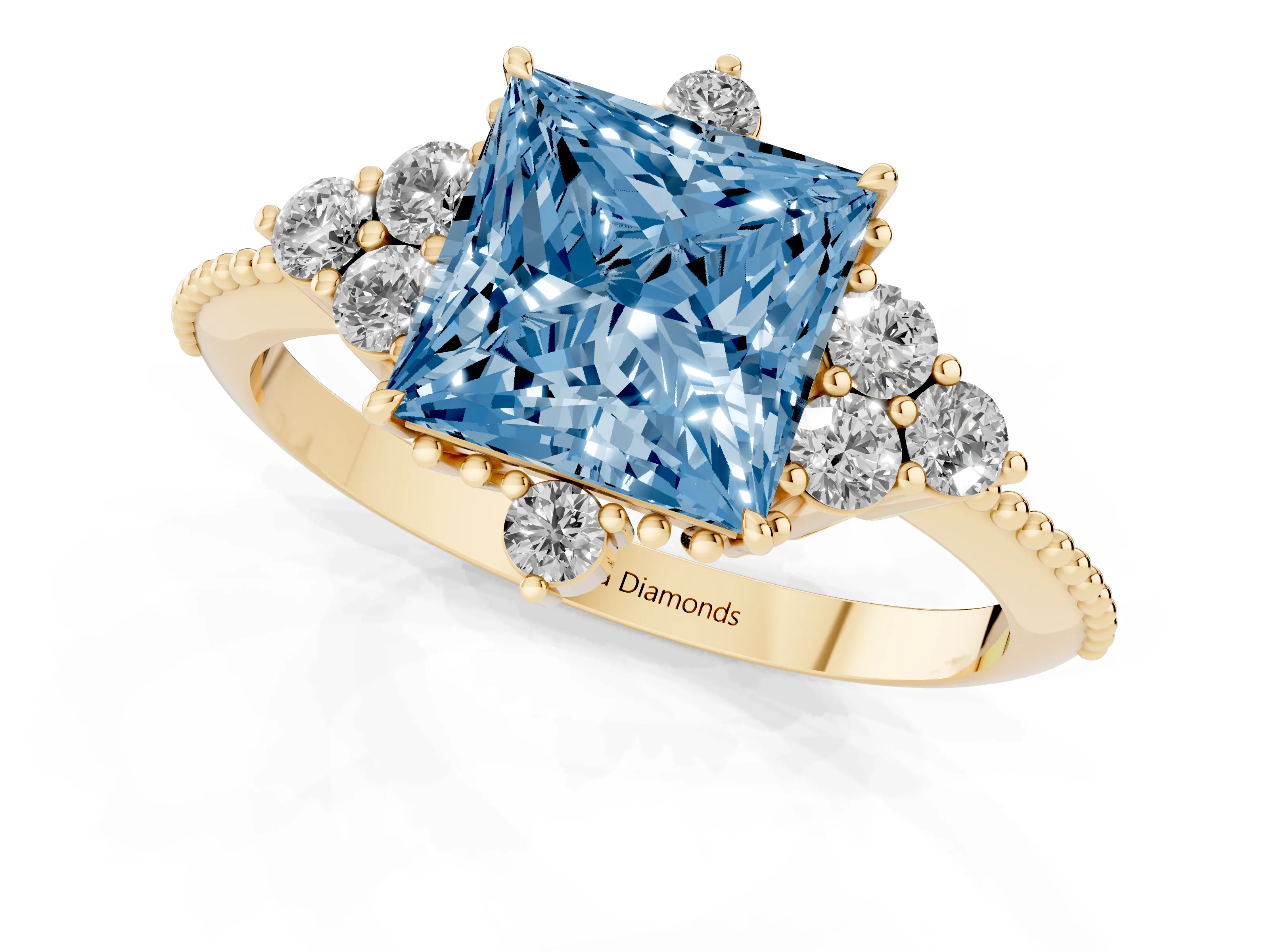 Fancy Blue Princess Cut Diamond Cluster Ring Set in Yellow gold with Beaded Band