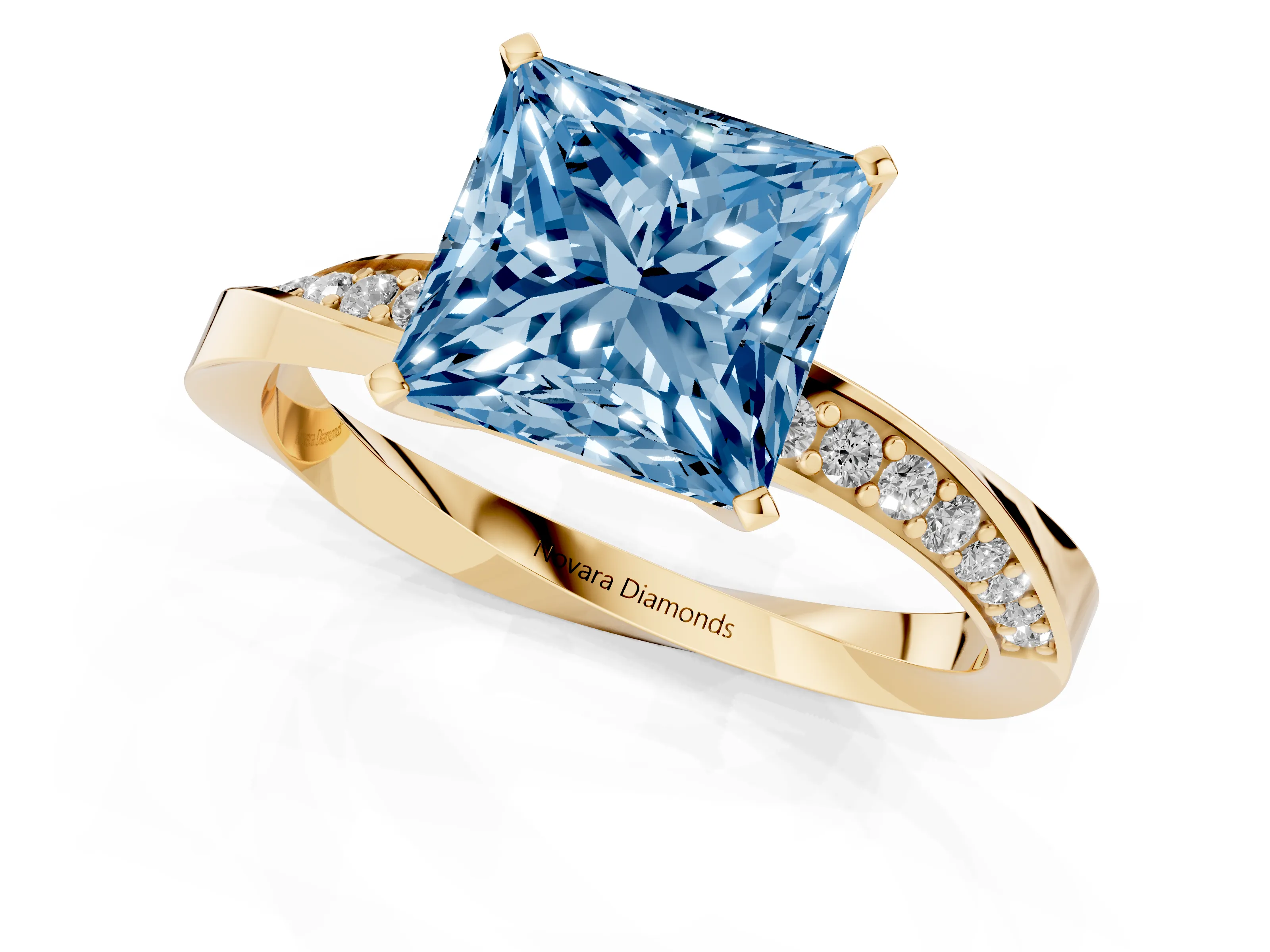 Fancy Blue Princess Cut Diamond Engagement Ring Set in Yellow gold with Side Stone Accents and Prong Setting