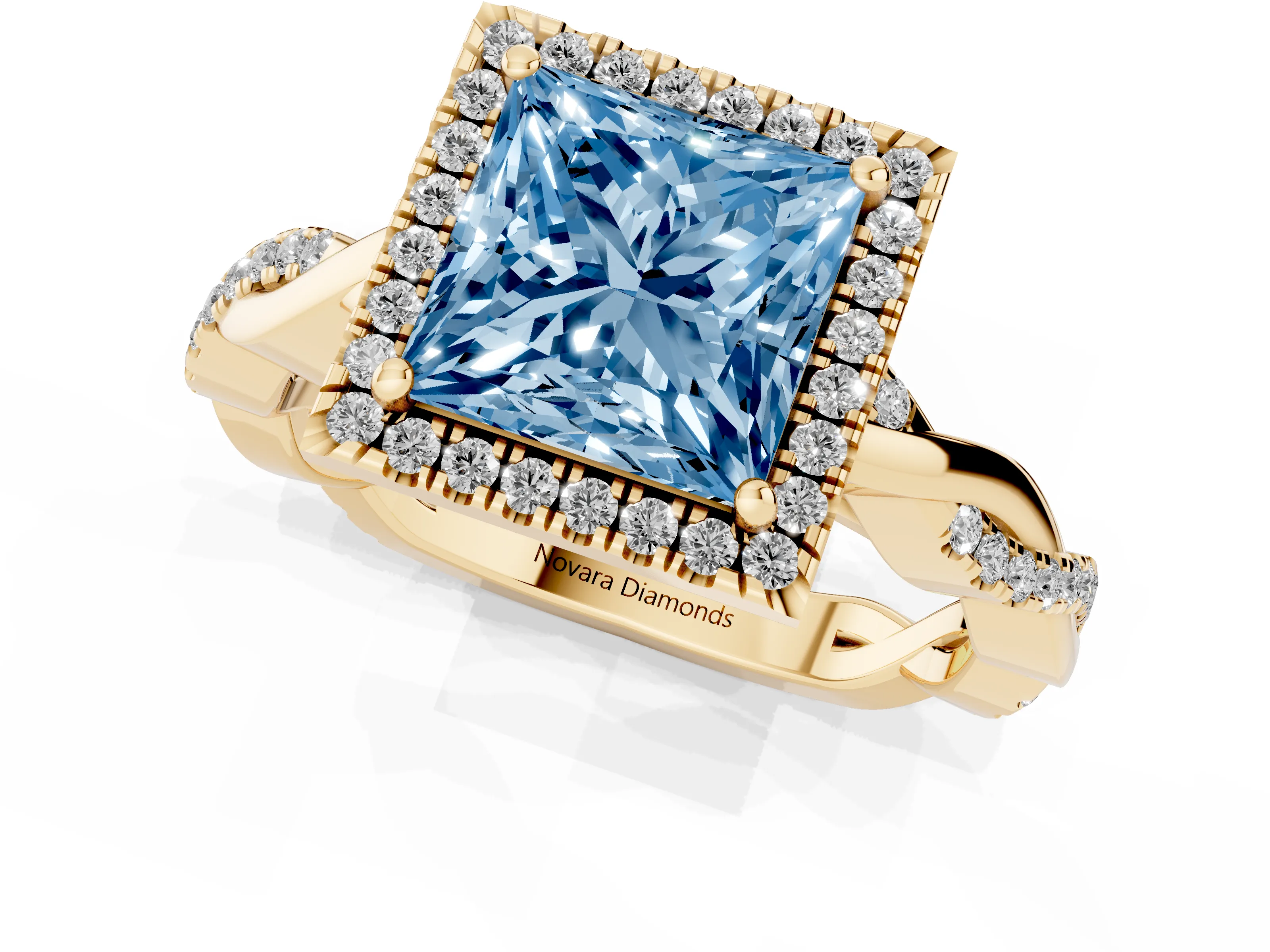 Fancy Blue Princess Cut Diamond Halo Twisted Band Ring Set in Yellow gold with Prong Setting