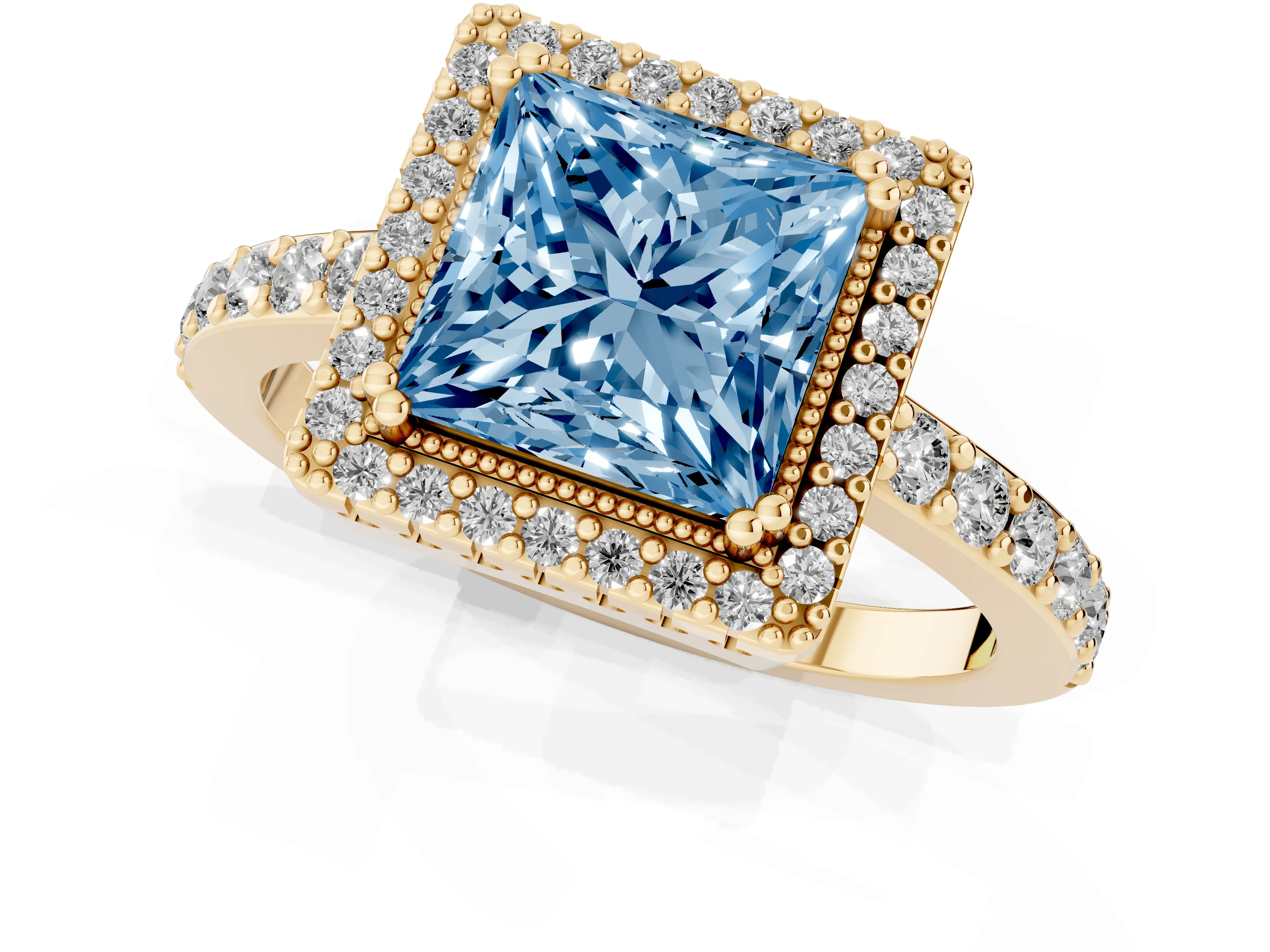Fancy Blue Princess Cut Diamond Halo Engagement Ring Set in Yellow gold with Milgrain Detail and Pavé Band