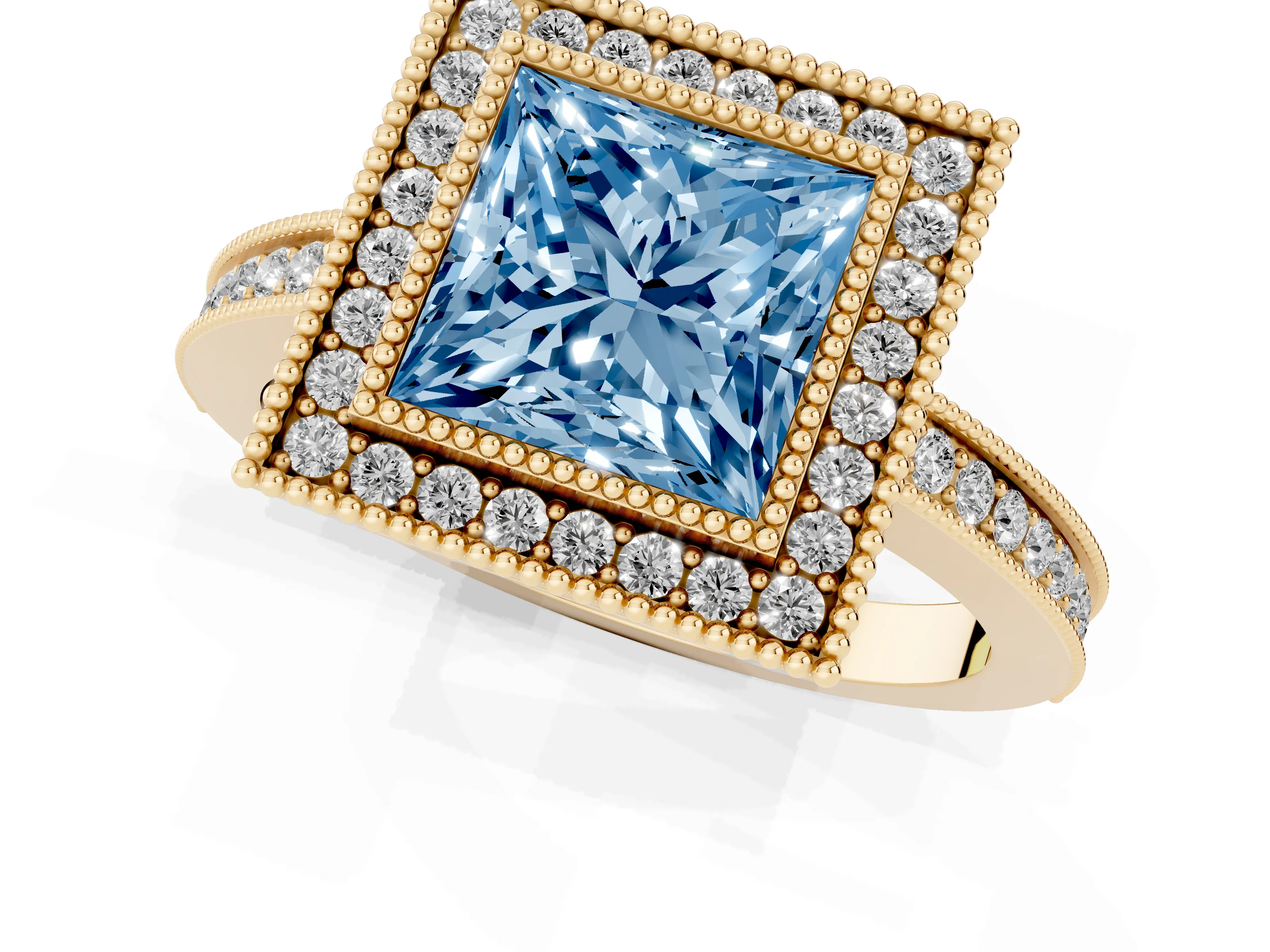 Fancy Blue Princess Cut Diamond Halo Ring Set in Yellow gold with Pavé Band and Milgrain-Edged Prongs