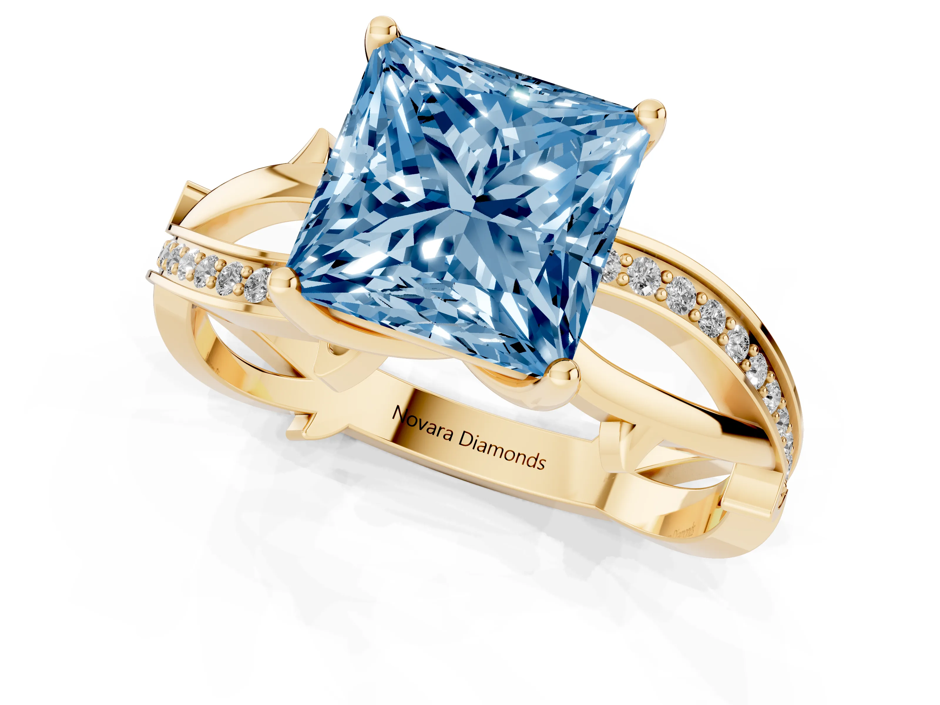 Fancy Blue Princess Cut Diamond Pavé Twist Band Solitaire Ring Set in Yellow gold with Prong Setting