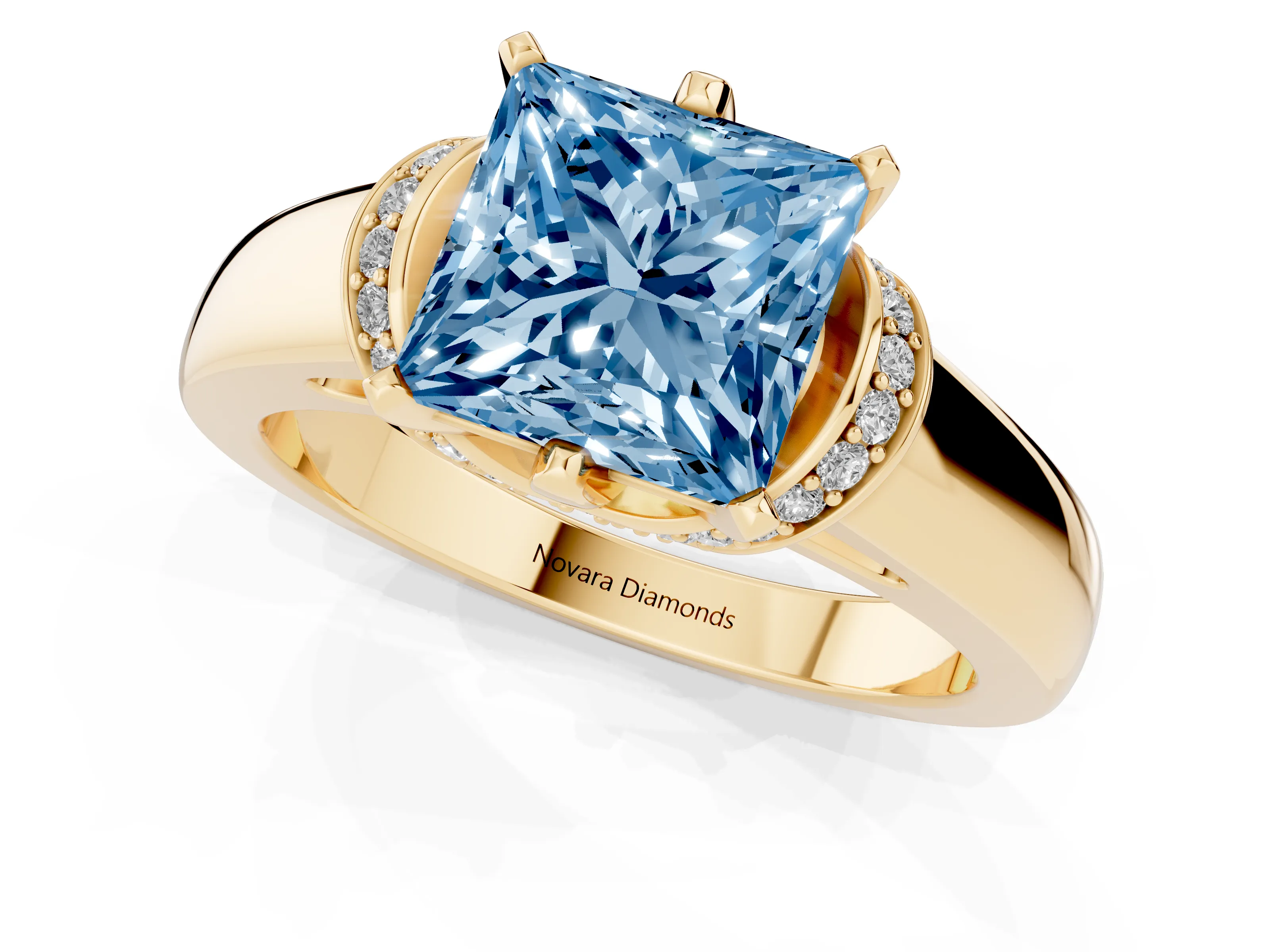 Fancy Blue Princess Cut Diamond Pavé Band Solitaire Ring Set in Yellow gold with Prong Setting